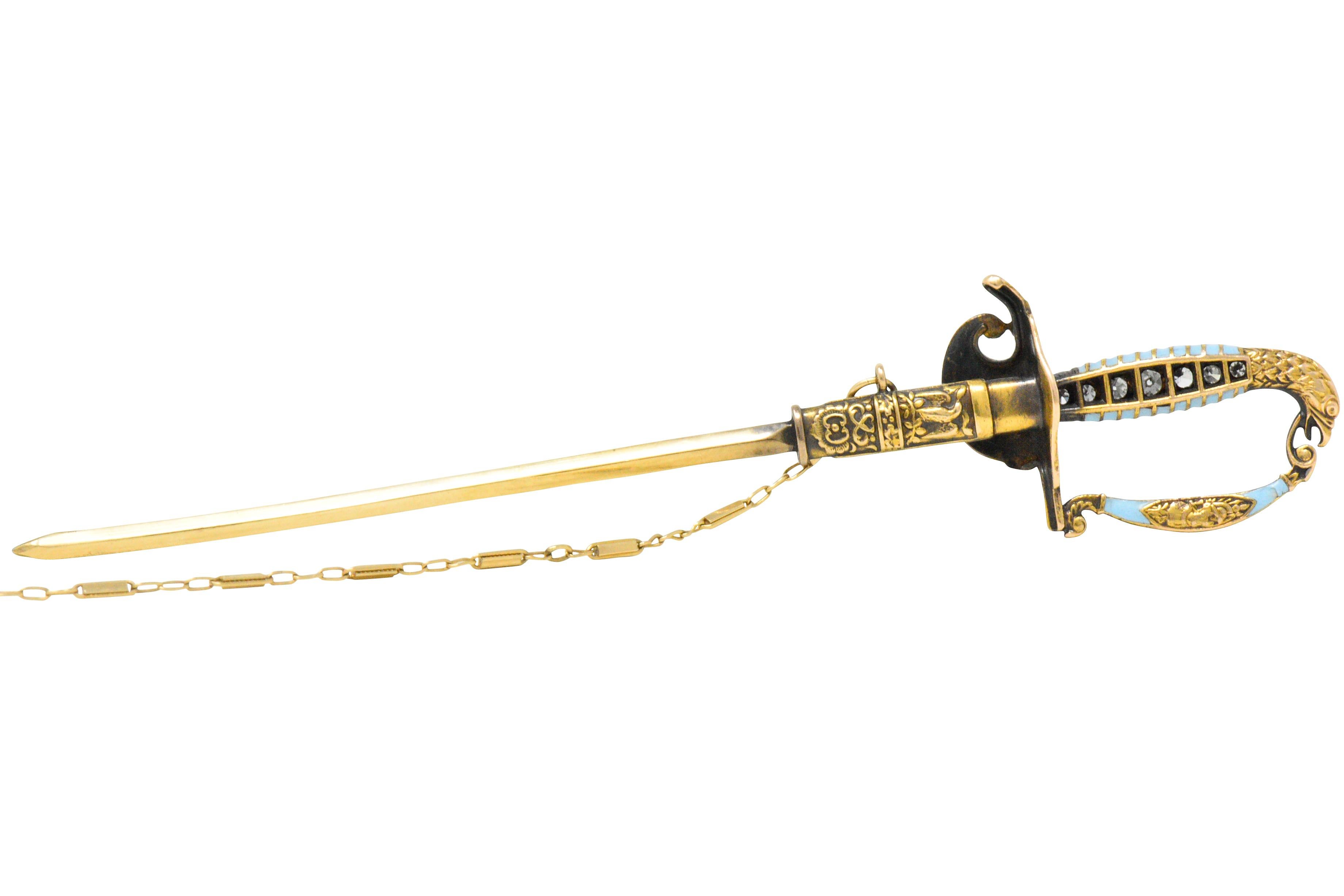 Victorian Diamond Enamel 14 Karat Gold American Saber Sword Unisex Jabot Pin In Excellent Condition In Philadelphia, PA