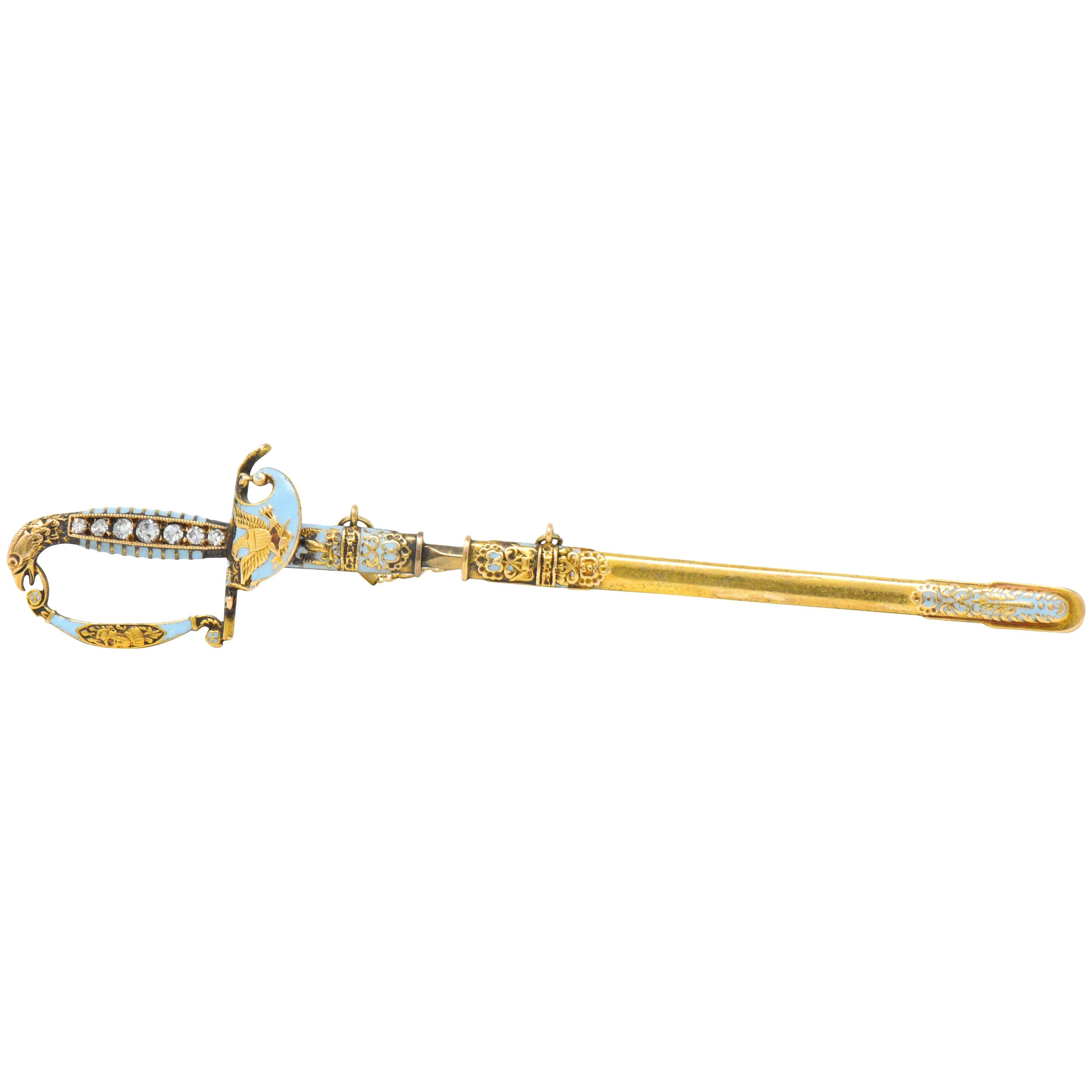Victorian Diamond Enamel 14 Karat Gold American Saber Sword Unisex Jabot Pin