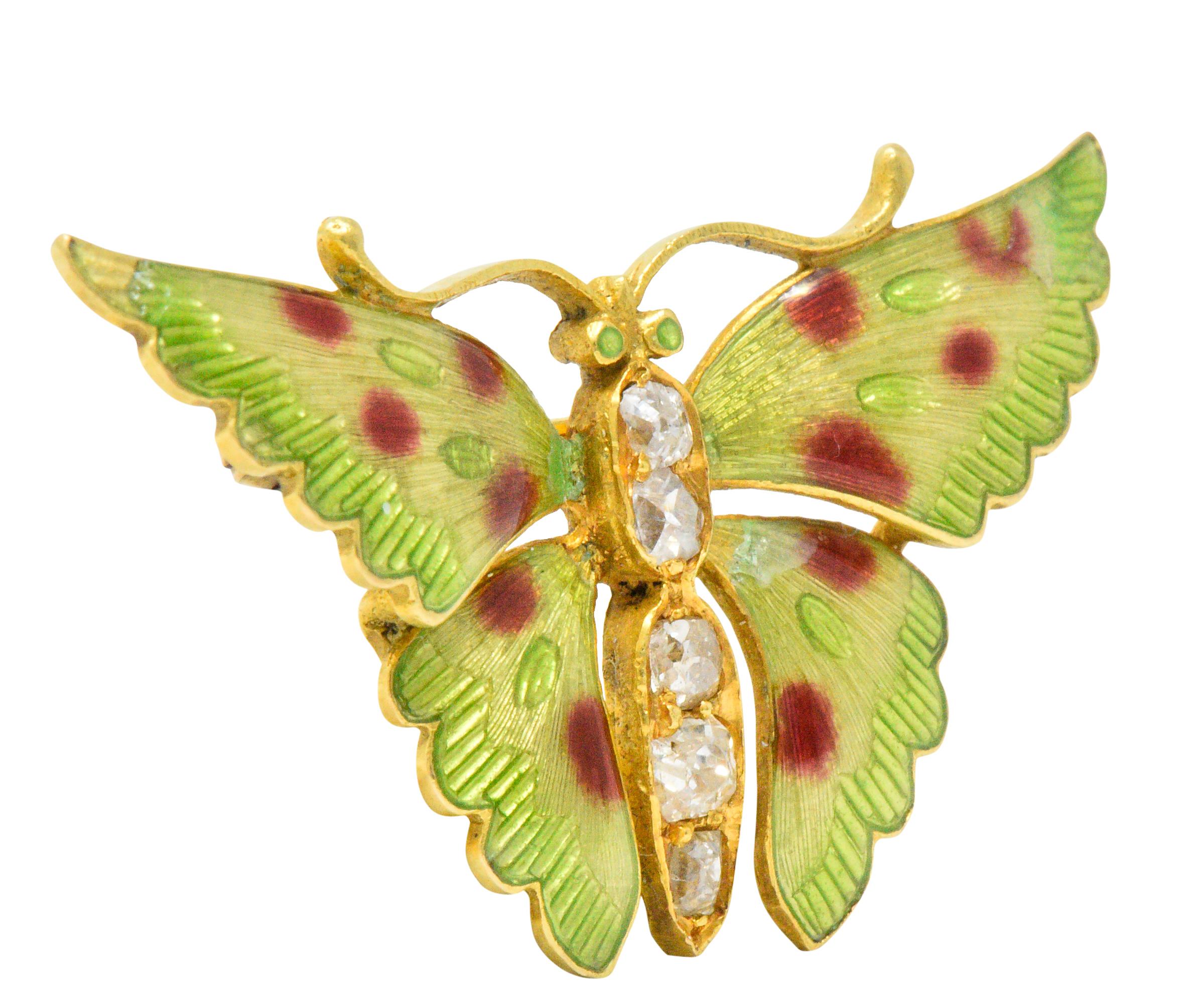 Round Cut Victorian Diamond Enamel 14 Karat Gold Butterfly Brooch