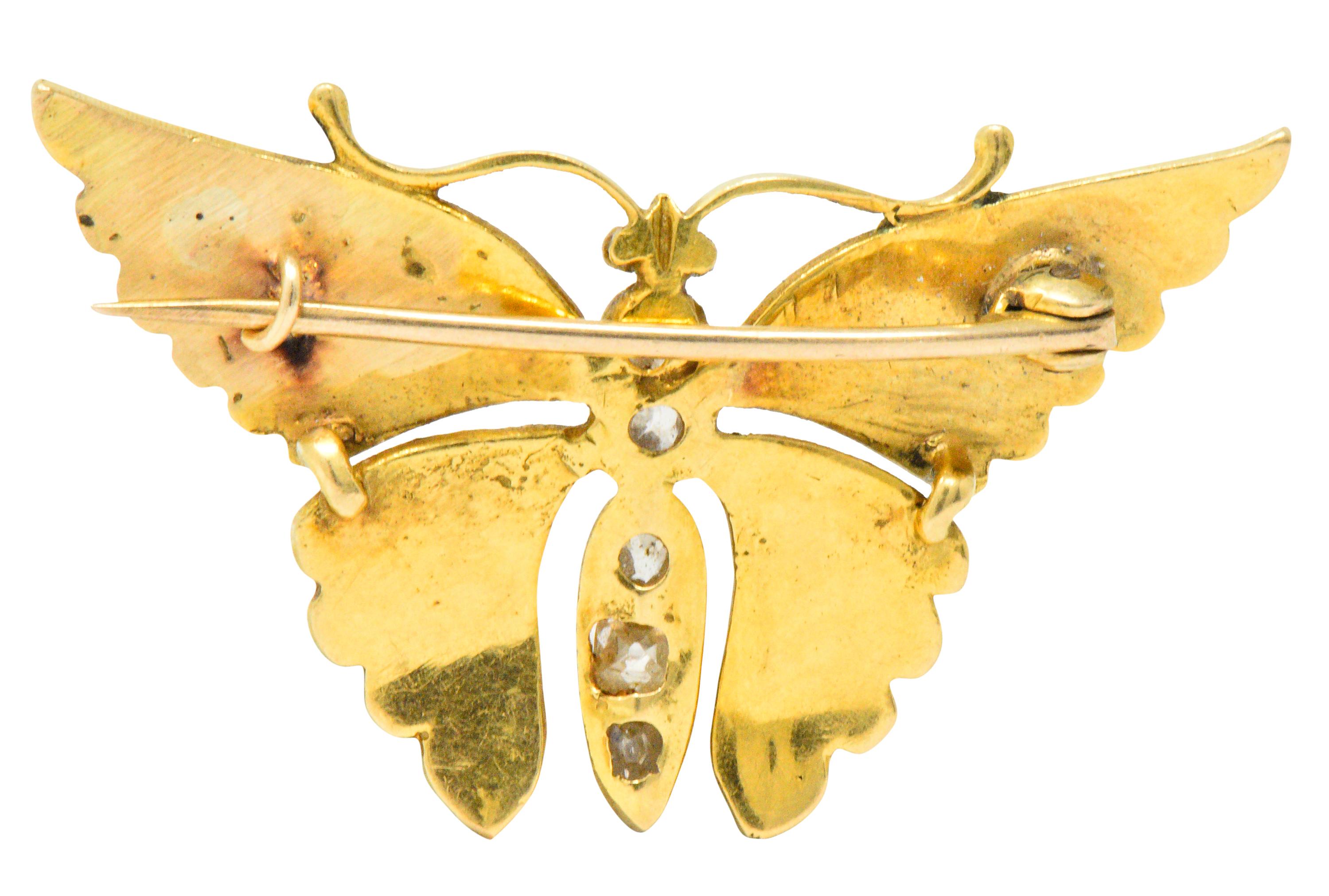 Victorian Diamond Enamel 14 Karat Gold Butterfly Brooch In Excellent Condition In Philadelphia, PA