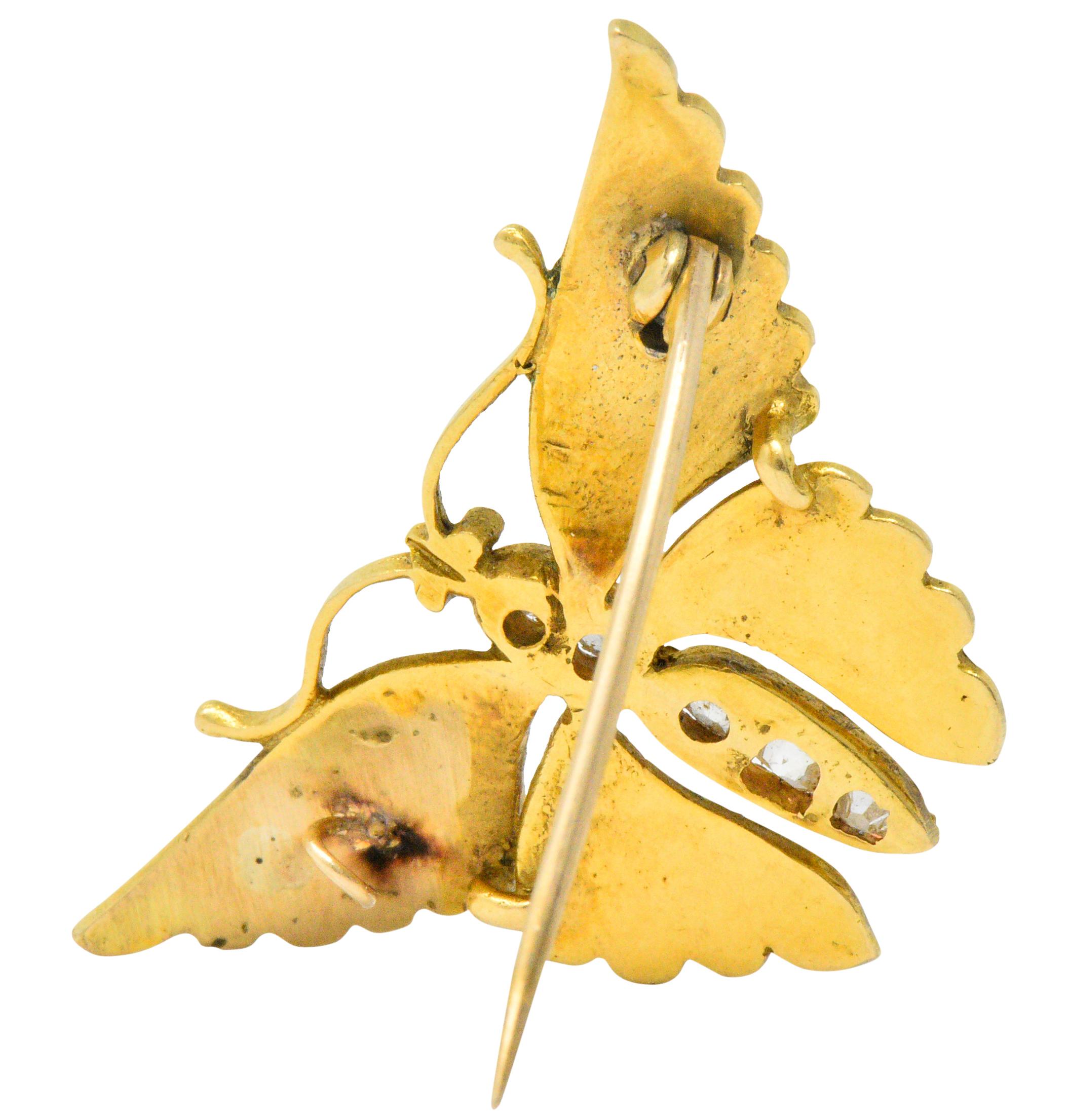 Victorian Diamond Enamel 14 Karat Gold Butterfly Brooch 2