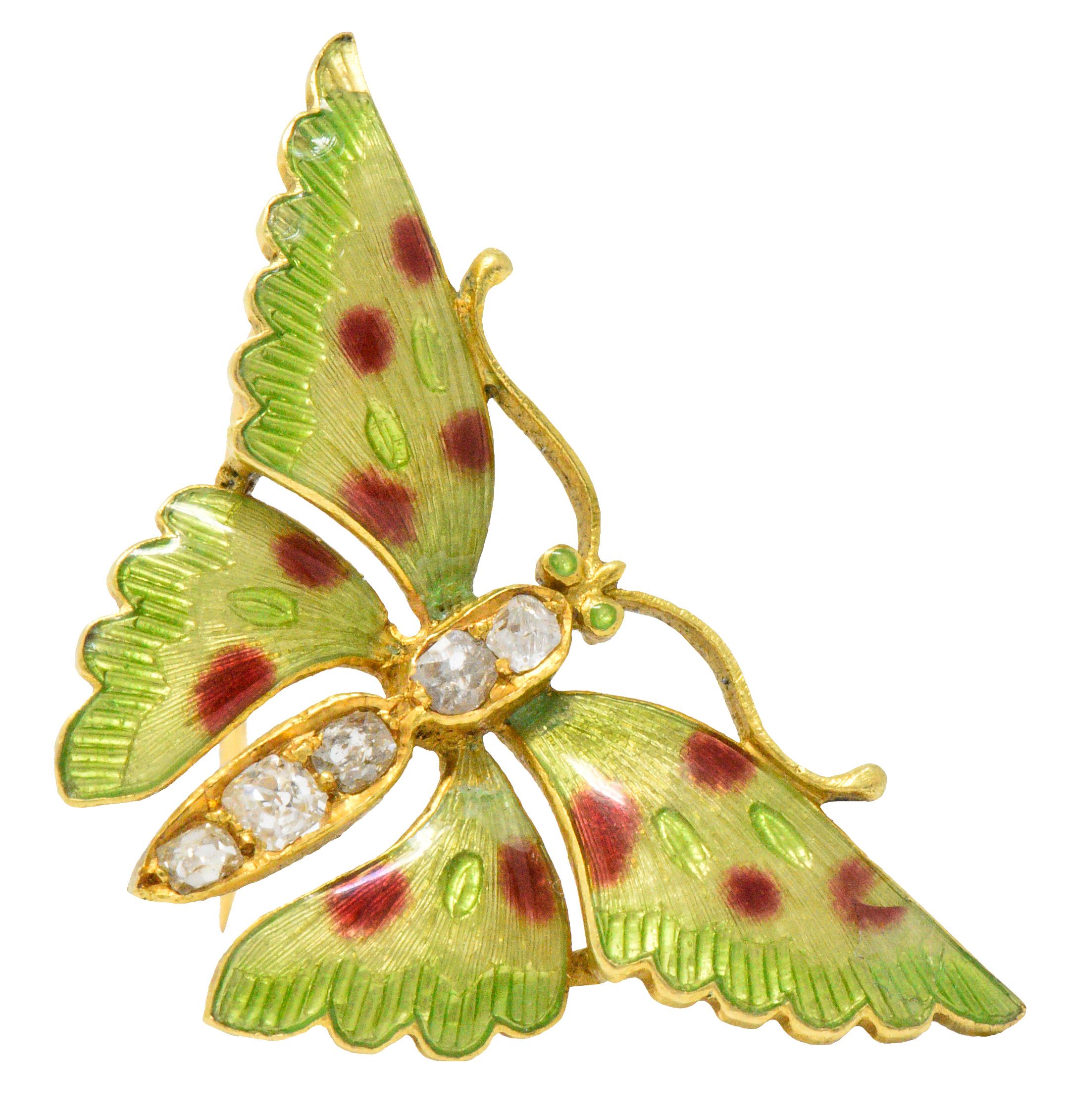 Victorian Diamond Enamel 14 Karat Gold Butterfly Brooch 3
