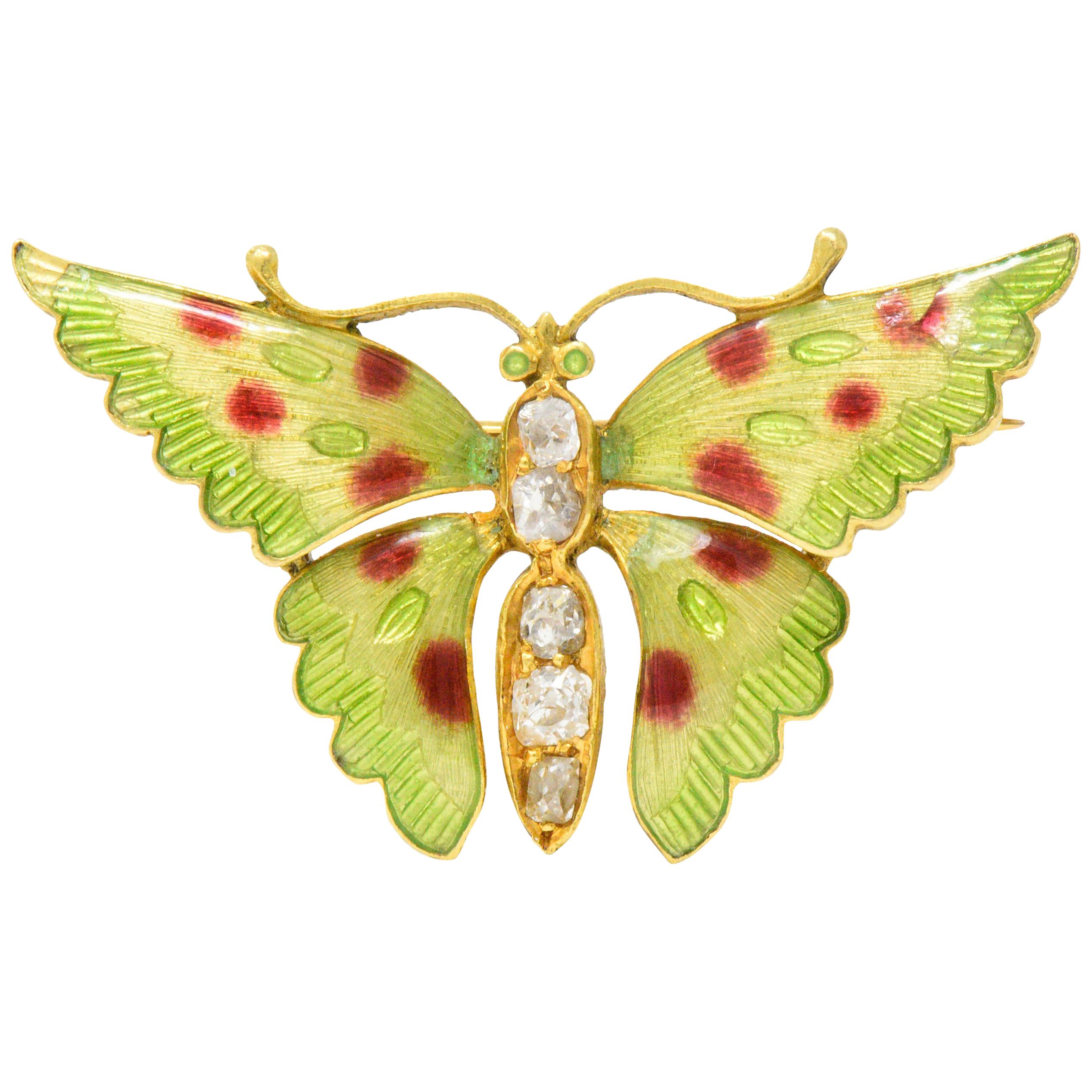 Victorian Diamond Enamel 14 Karat Gold Butterfly Brooch