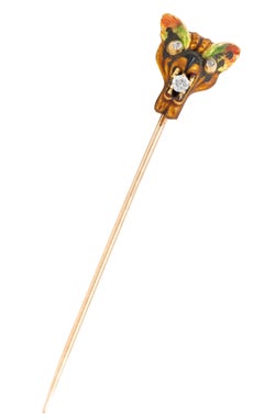 Victorian Diamond Enamel 14 Karat Yellow Gold Antique Cat Mask Stickpin