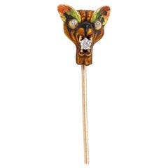 Victorian Diamond Enamel 14 Karat Yellow Gold Antique Cat Mask Stickpin