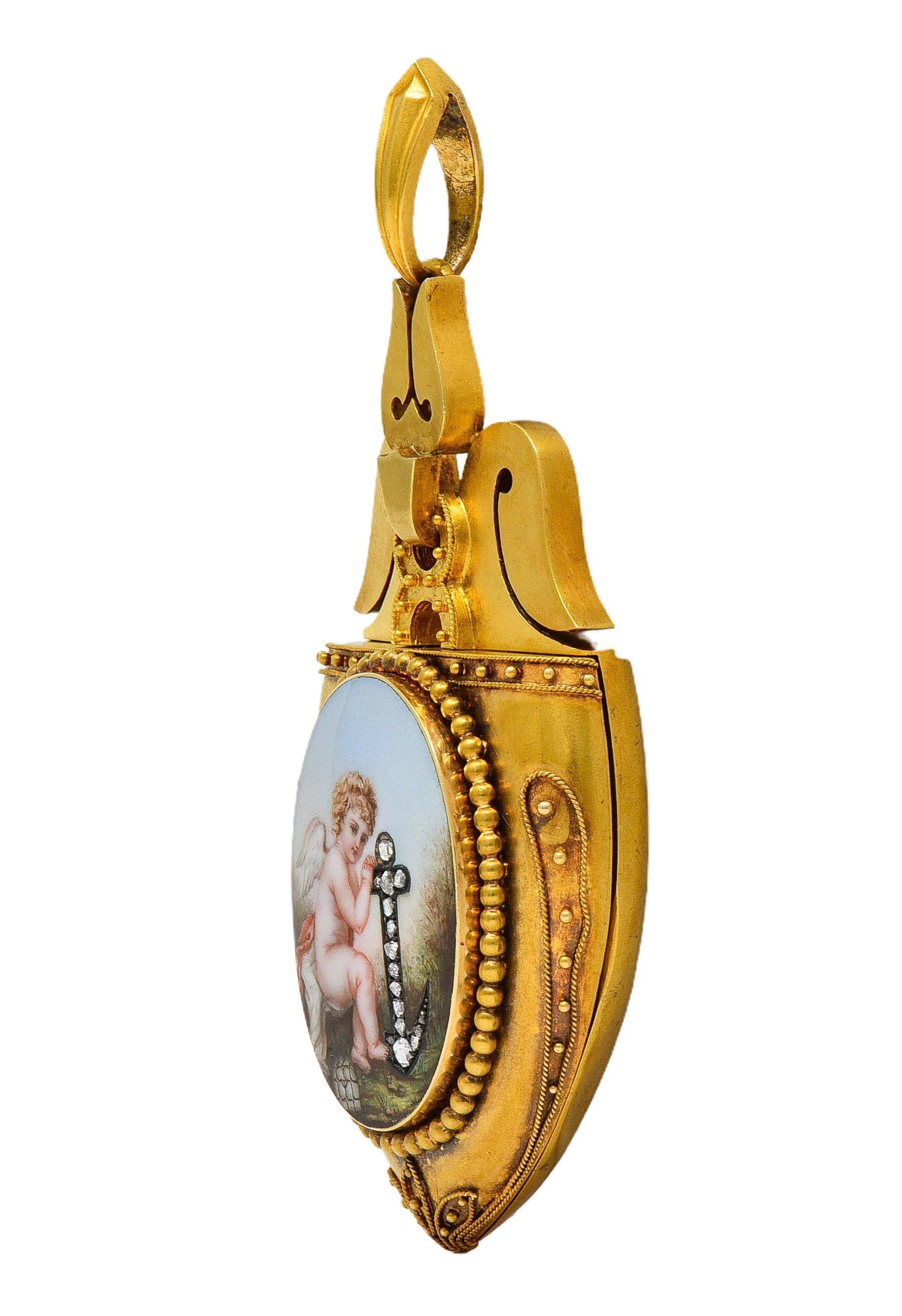 Vittoriano Victorian Diamond Enamel 14 Karat Yellow Gold Antique Cherub Portrait Locket in vendita