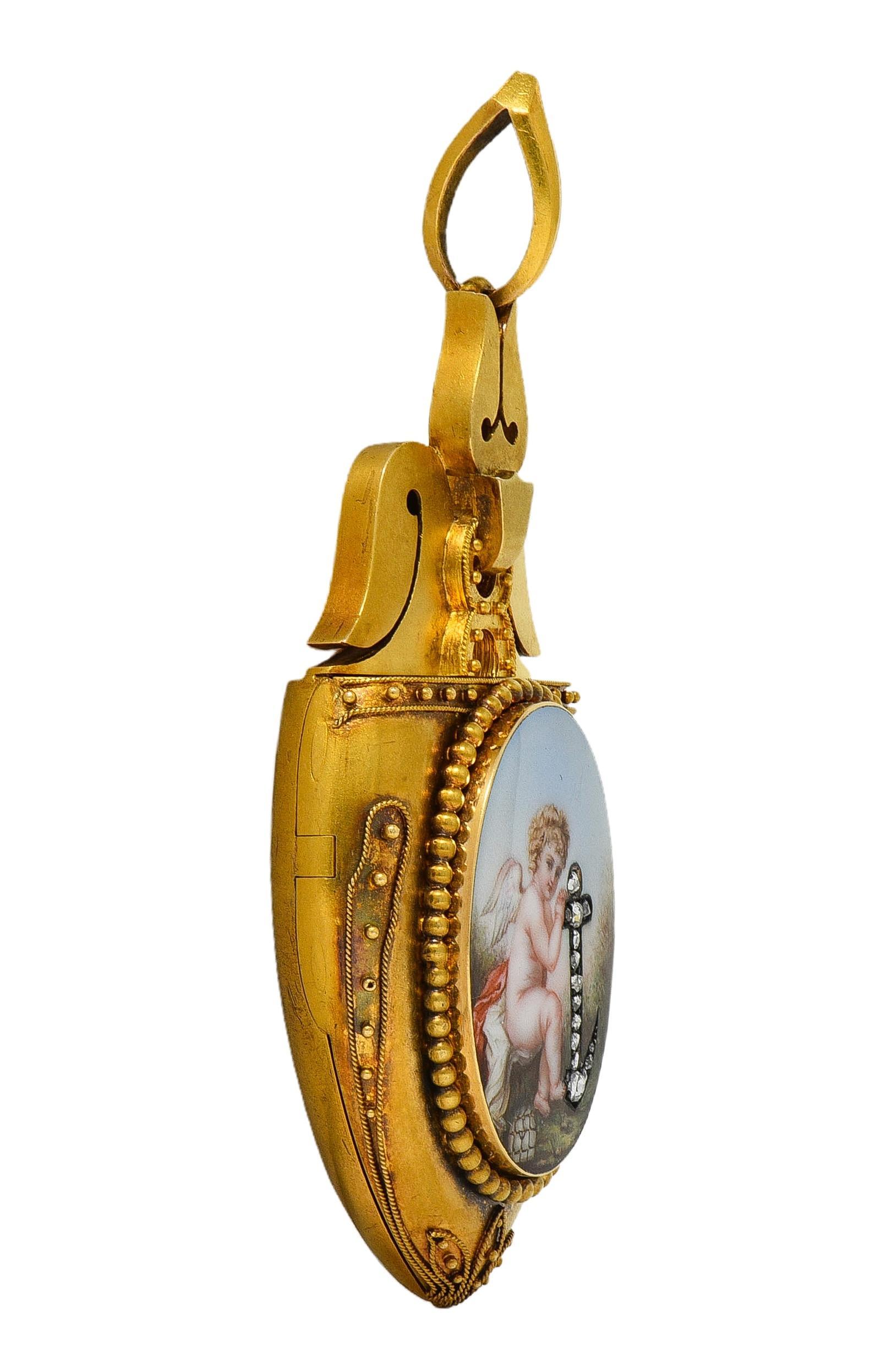 Victorian Diamond Enamel 14 Karat Yellow Gold Antique Cherub Portrait Locket In condizioni ottime in vendita a Philadelphia, PA