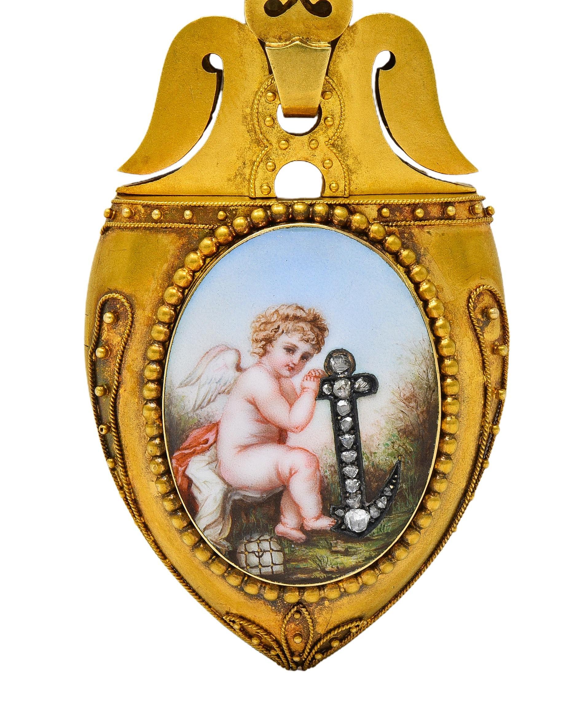 da uomo o donna Victorian Diamond Enamel 14 Karat Yellow Gold Antique Cherub Portrait Locket in vendita