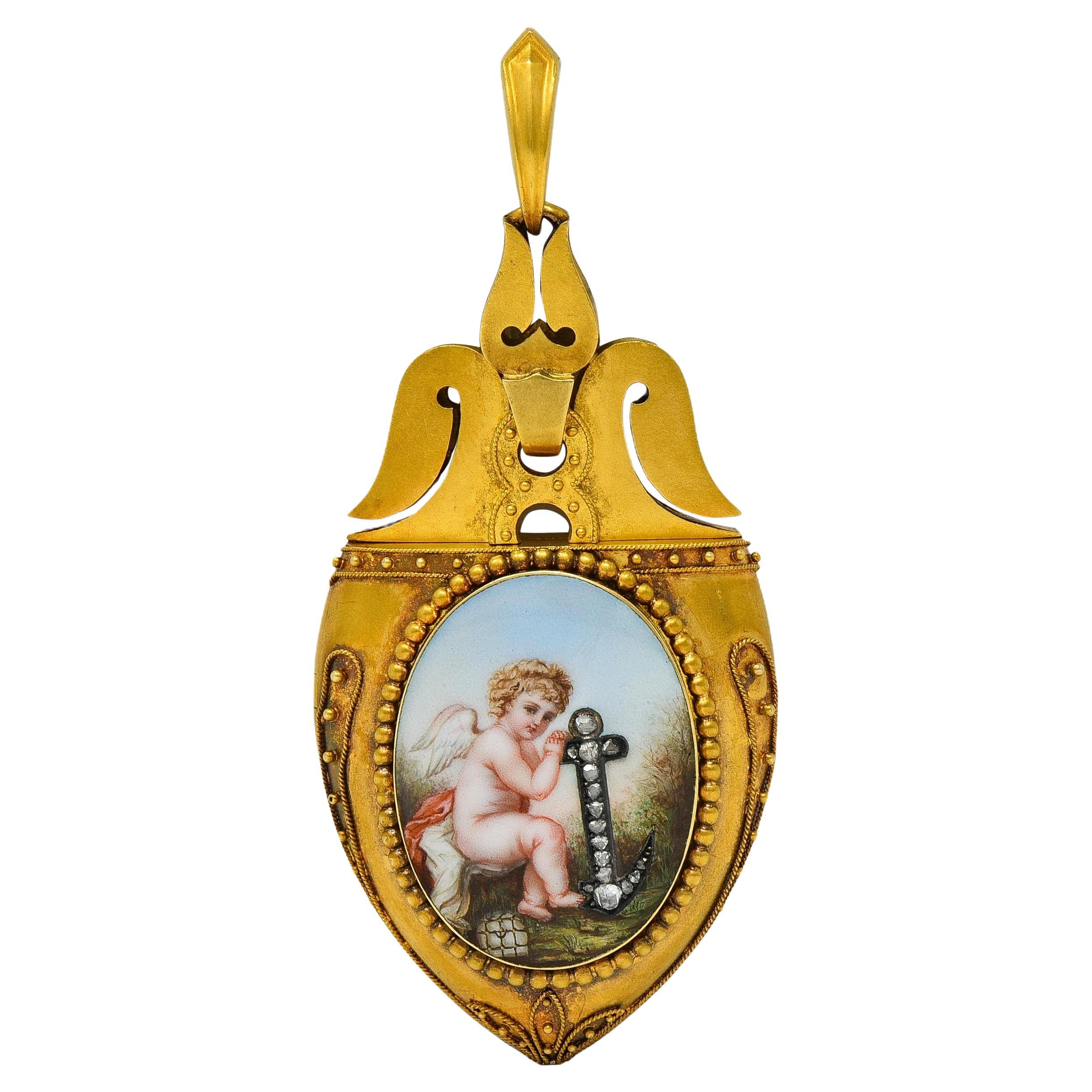 Victorian Diamond Enamel 14 Karat Yellow Gold Antique Cherub Portrait Locket in vendita