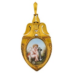 Victorian Diamond Enamel 14 Karat Yellow Gold Antique Cherub Portrait Locket