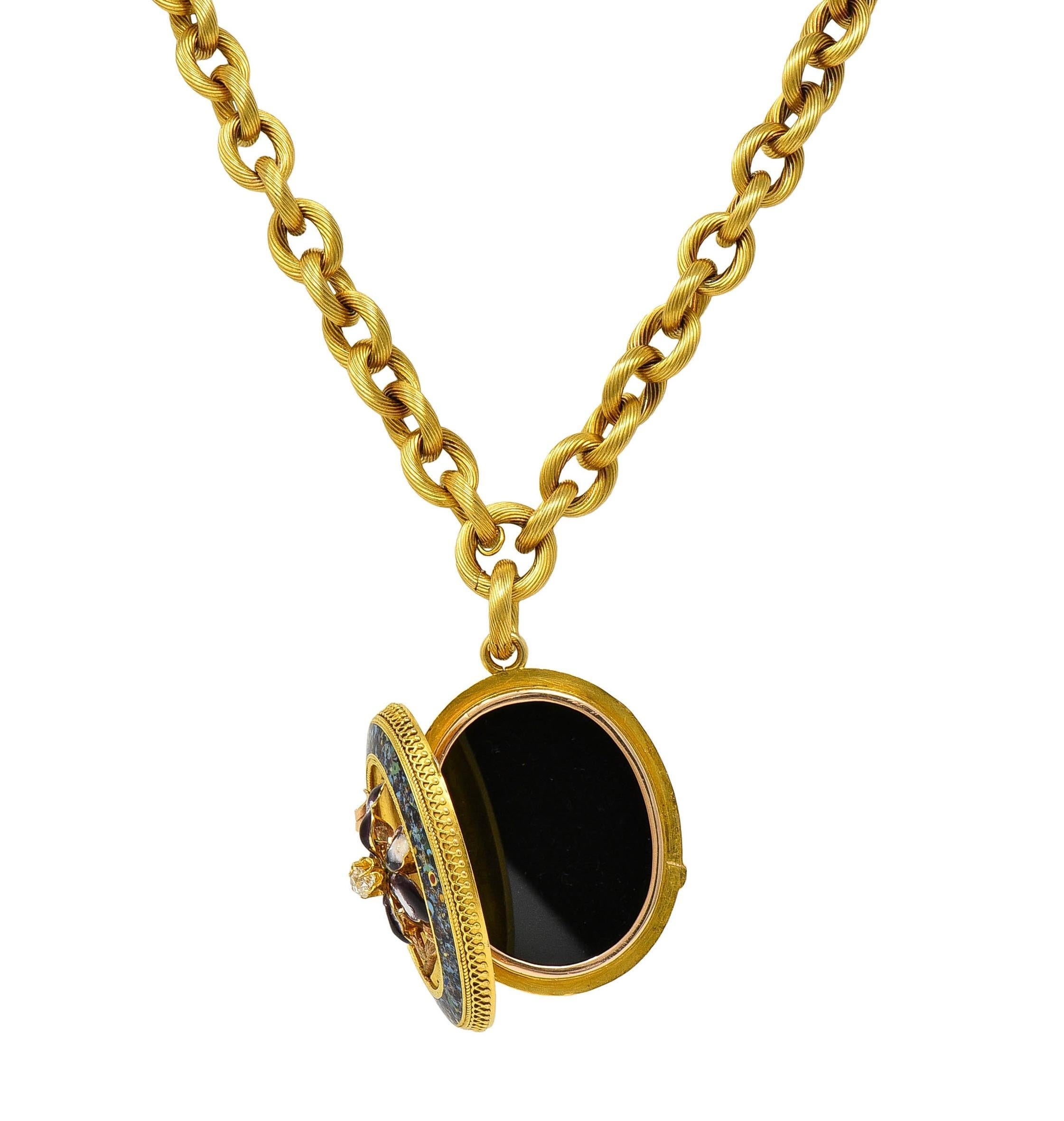 Taille vieille mine Collier pendentif médaillon victorien ancien à fleurs en or 18 carats, émaillé de diamants et de diamants en vente