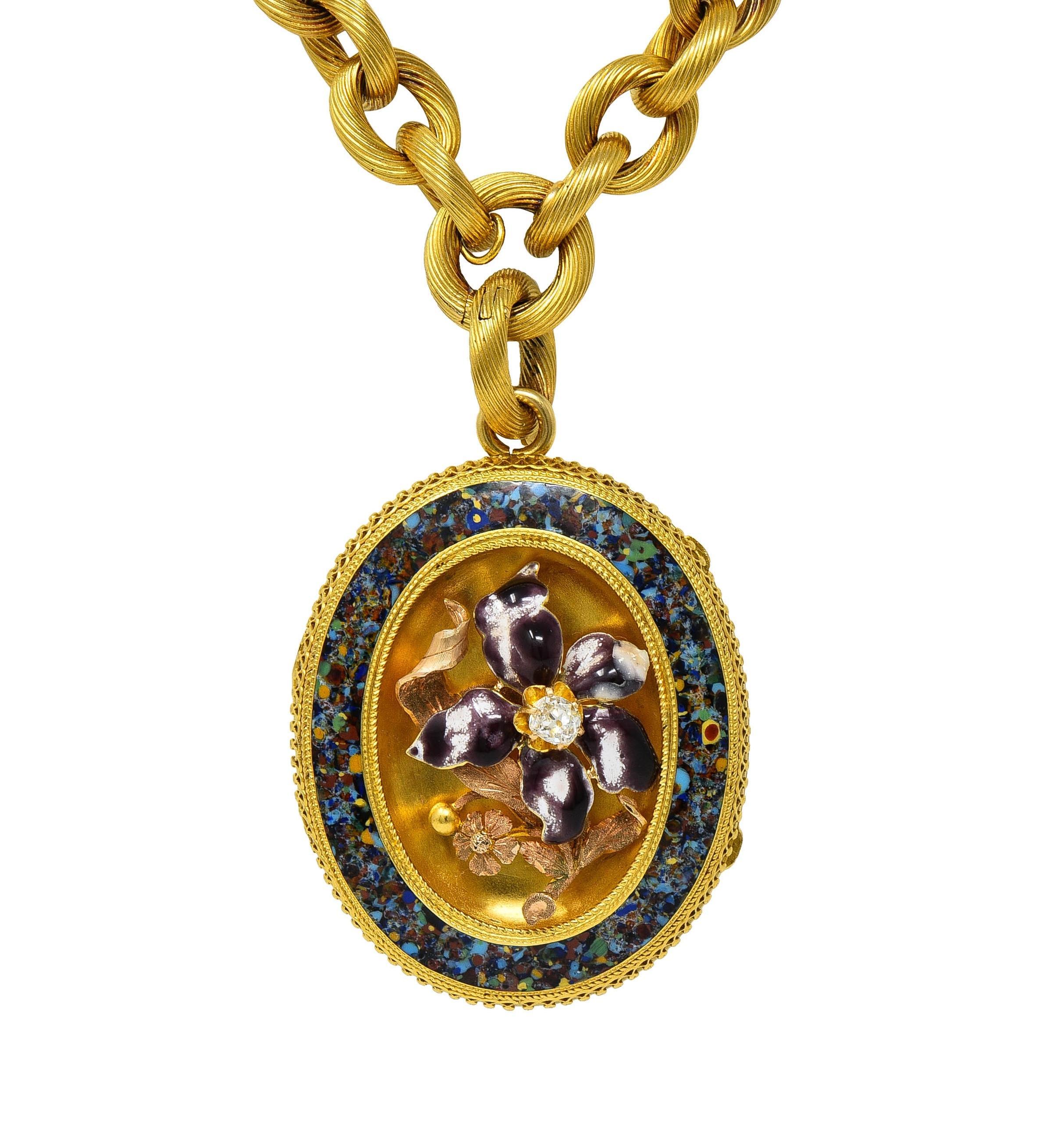 Collier pendentif médaillon victorien ancien à fleurs en or 18 carats, émaillé de diamants et de diamants en vente 1