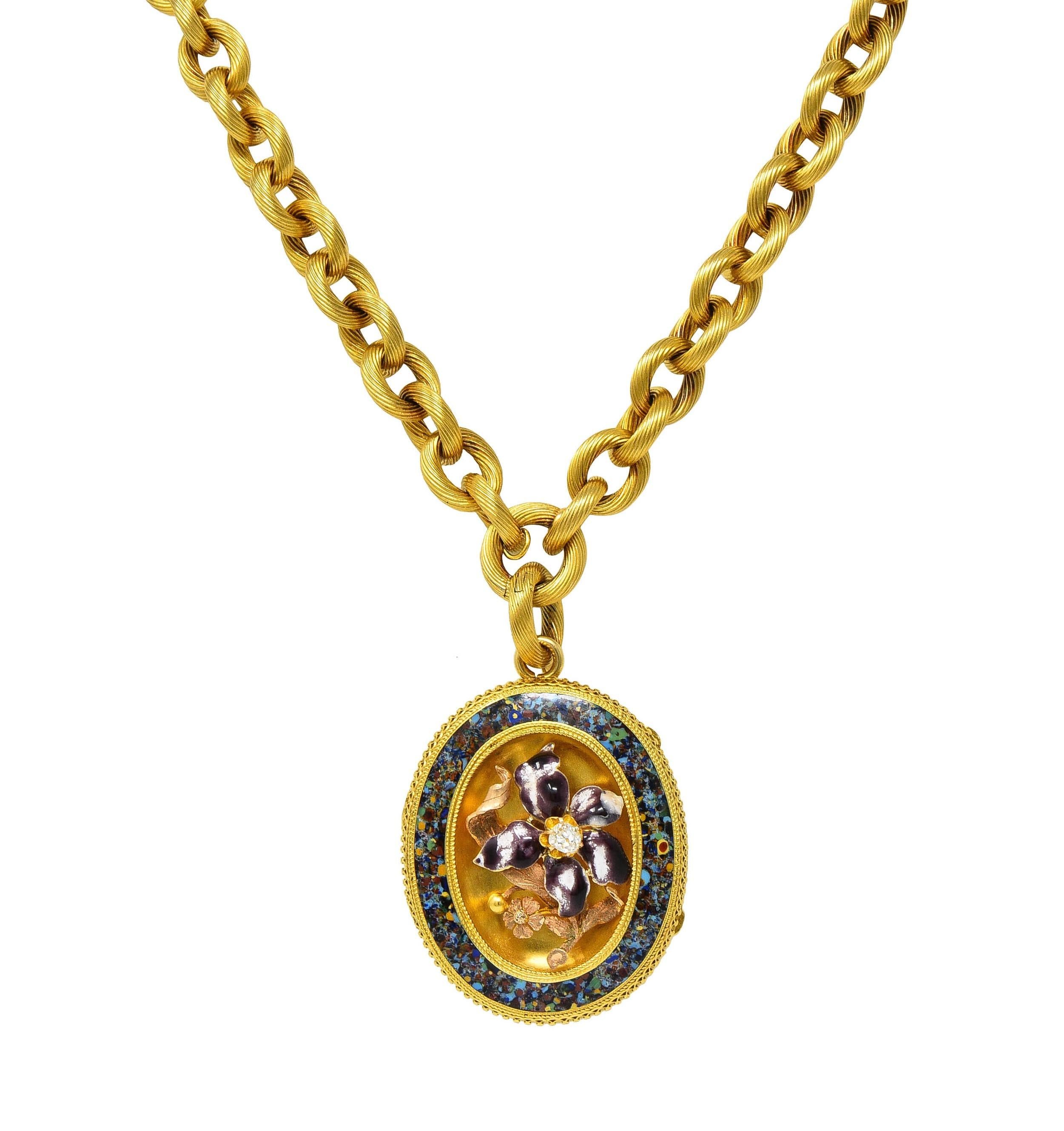 Collier pendentif médaillon victorien ancien à fleurs en or 18 carats, émaillé de diamants et de diamants