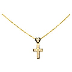 Antique Victorian Diamond Enamel 18 Karat Gold Mourning Heart Cross Necklace