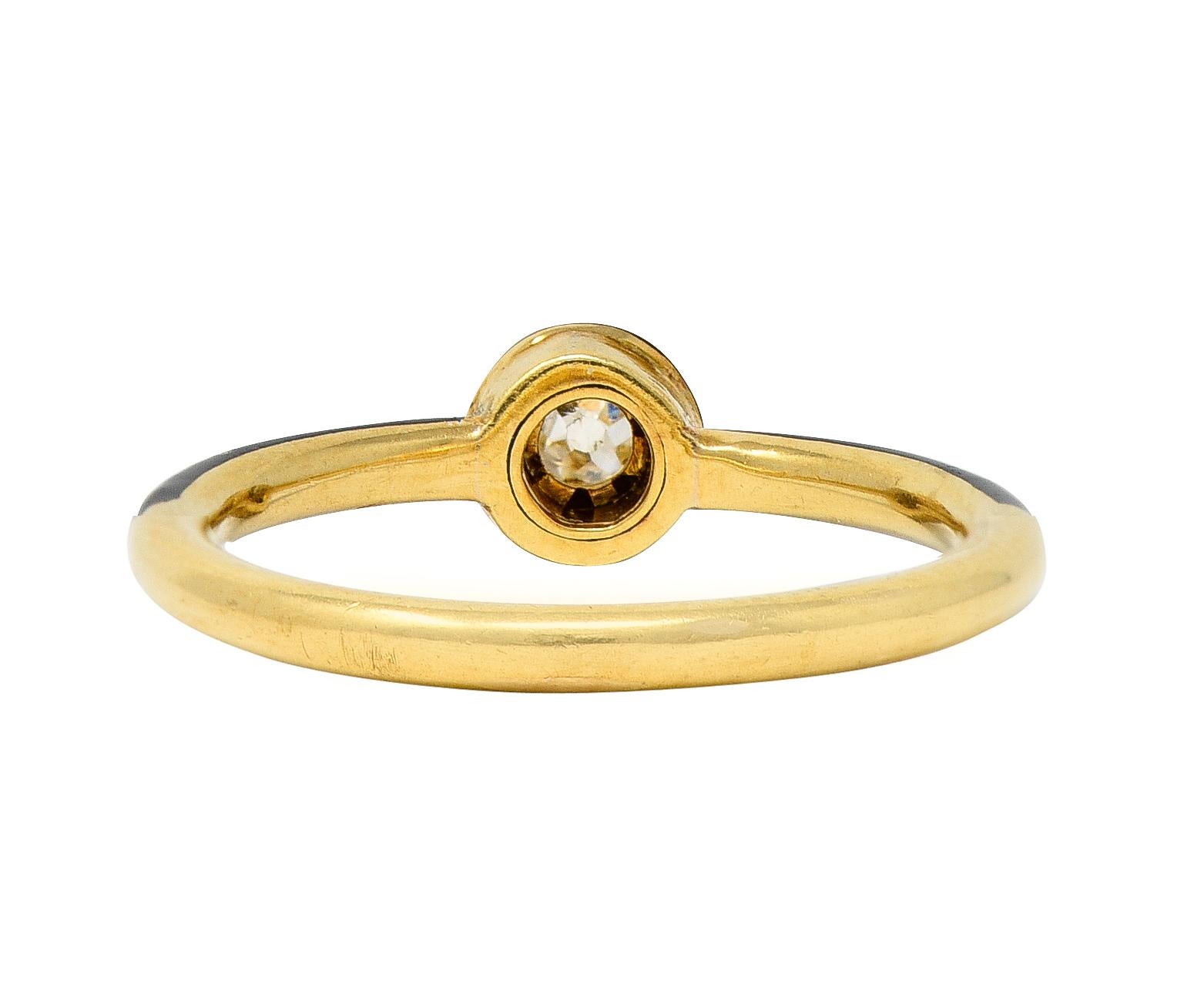 Old Mine Cut Victorian Diamond Enamel 18 Karat Yellow Gold Antique Solitaire Engagement Ring