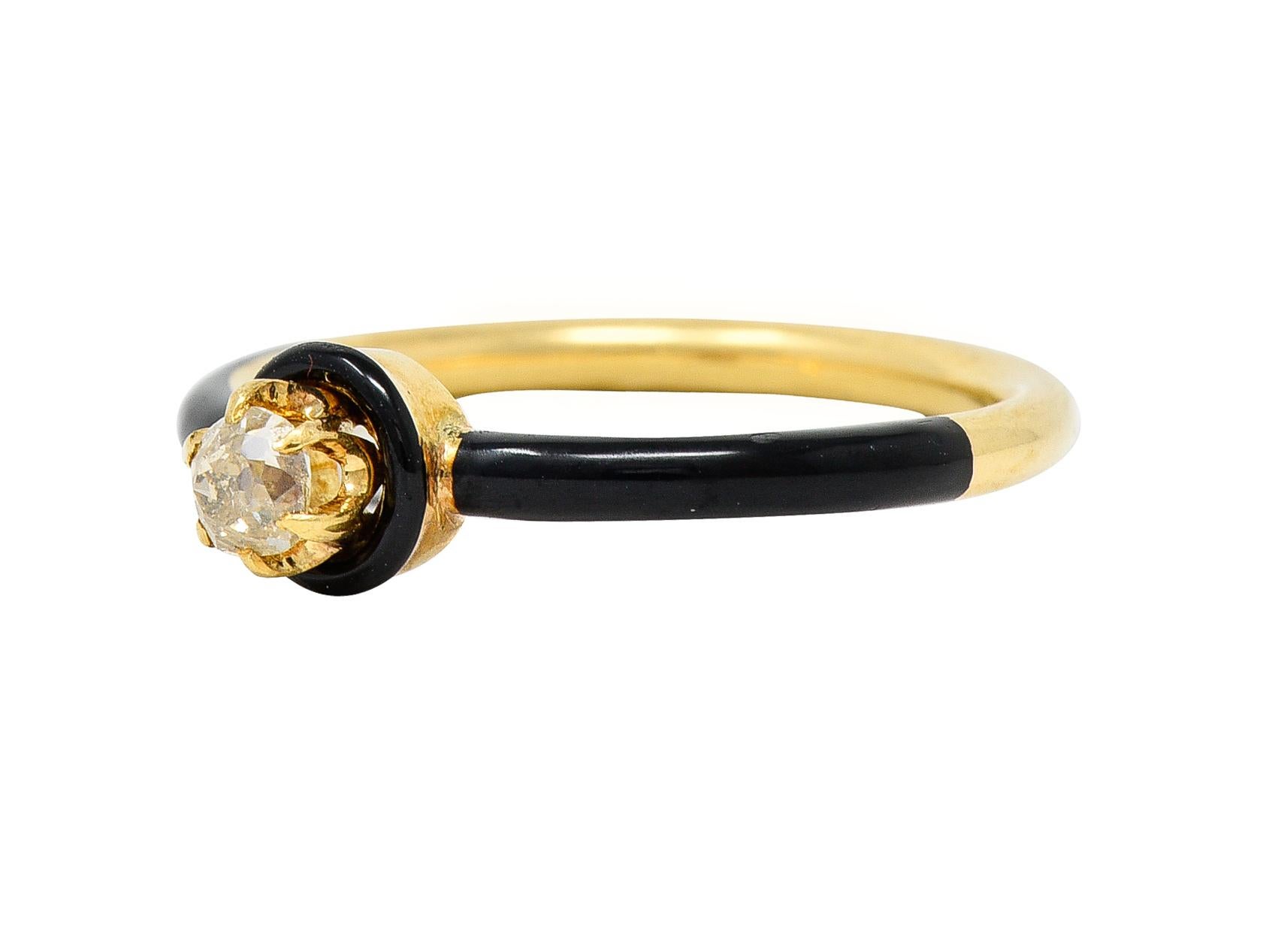 Women's or Men's Victorian Diamond Enamel 18 Karat Yellow Gold Antique Solitaire Engagement Ring