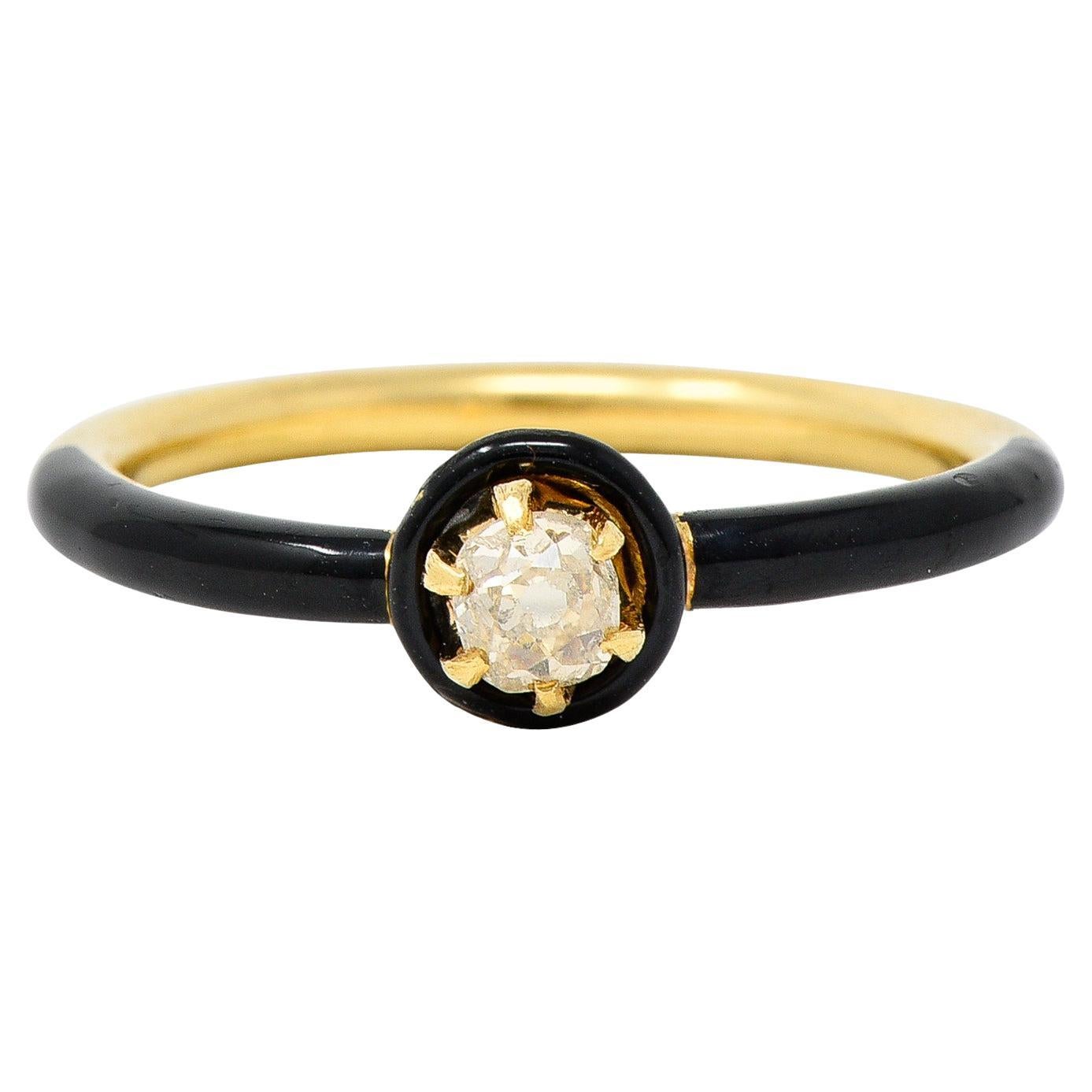 Victorian Diamond Enamel 18 Karat Yellow Gold Antique Solitaire Engagement Ring