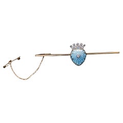 Victorian Diamond Enamel 18 Karat Yellow Gold Platinum Crown Heart Brooch