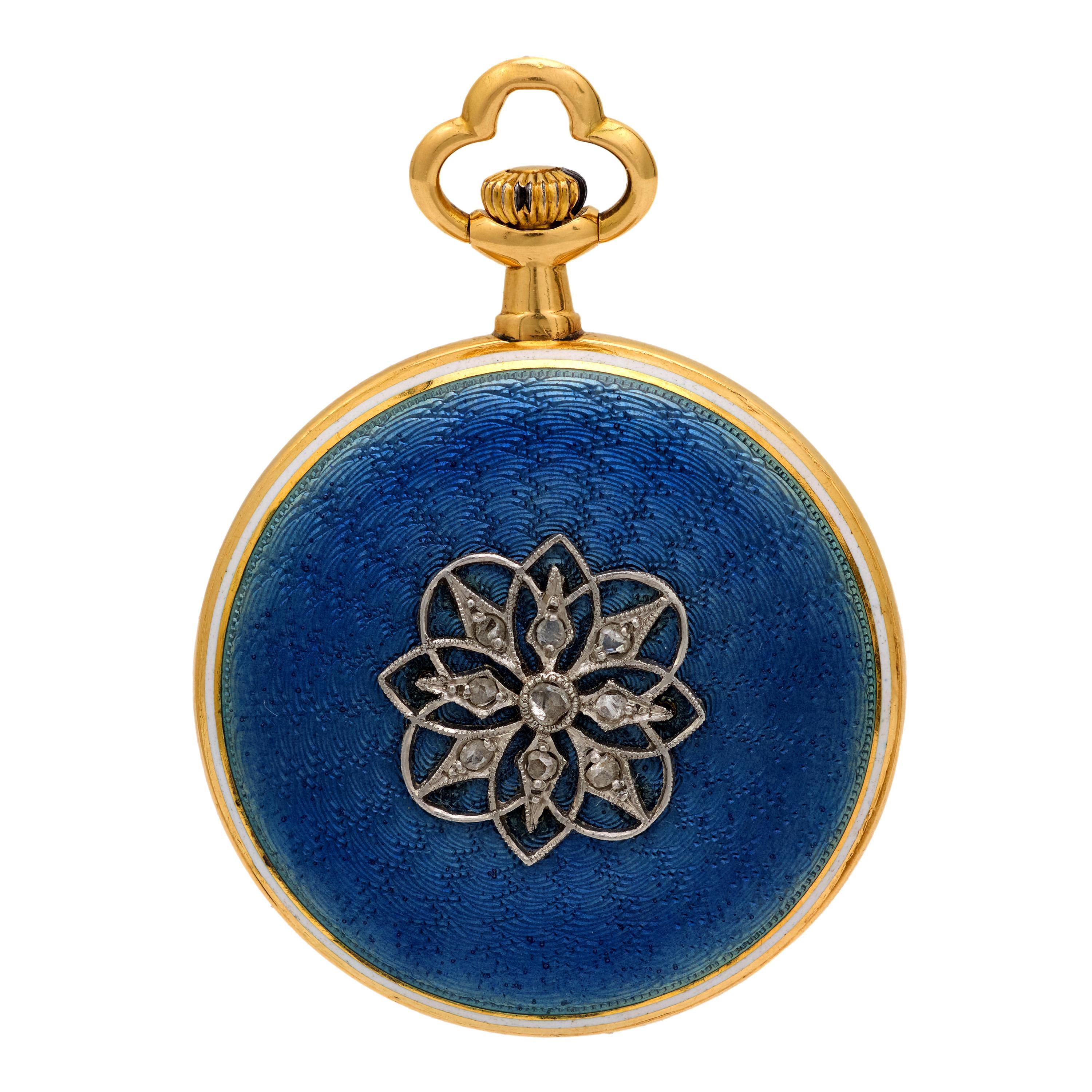 Rose Cut Victorian diamond enamel 18k yellow gold timepiece pendant For Sale