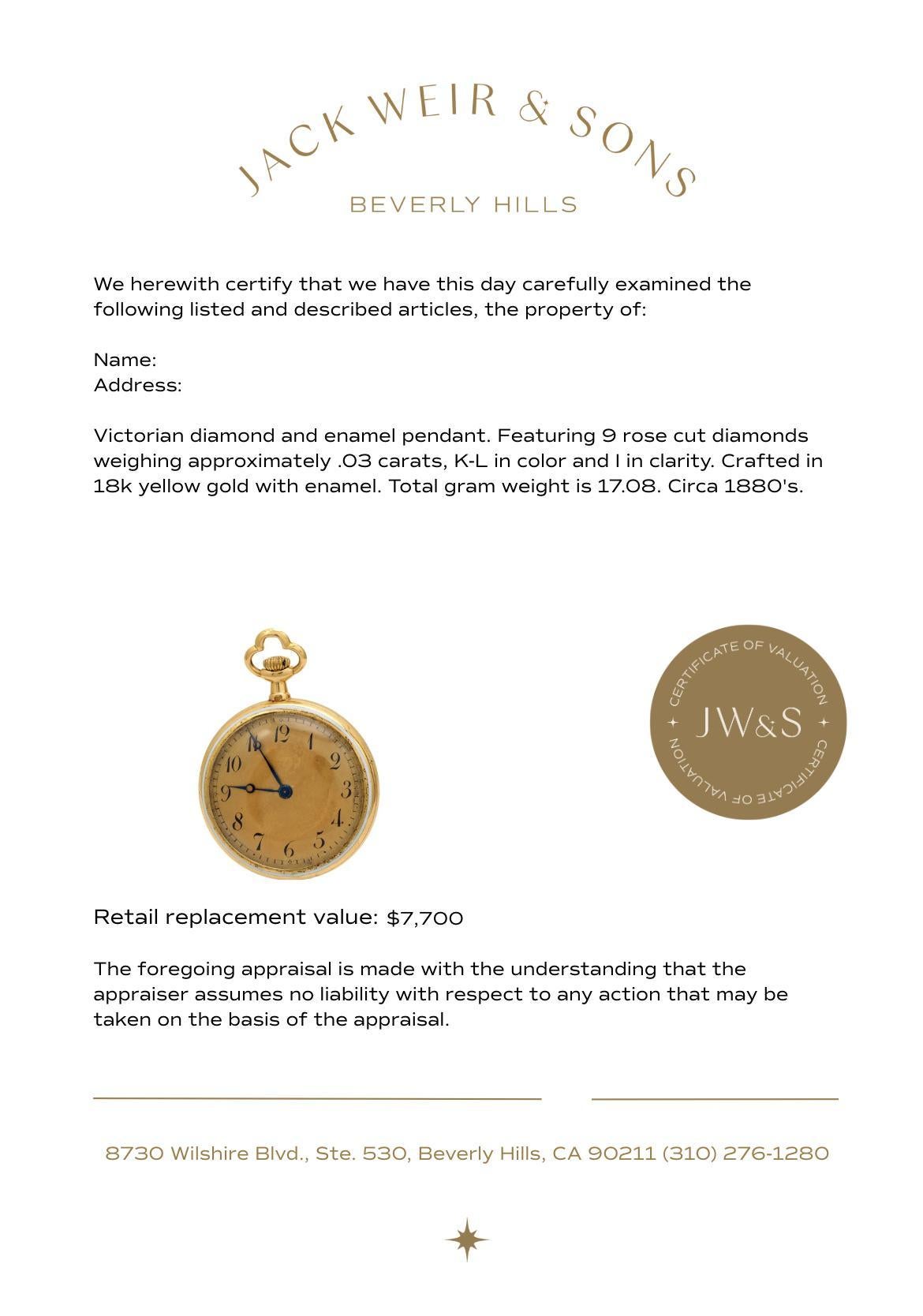 Victorian diamond enamel 18k yellow gold timepiece pendant For Sale 1