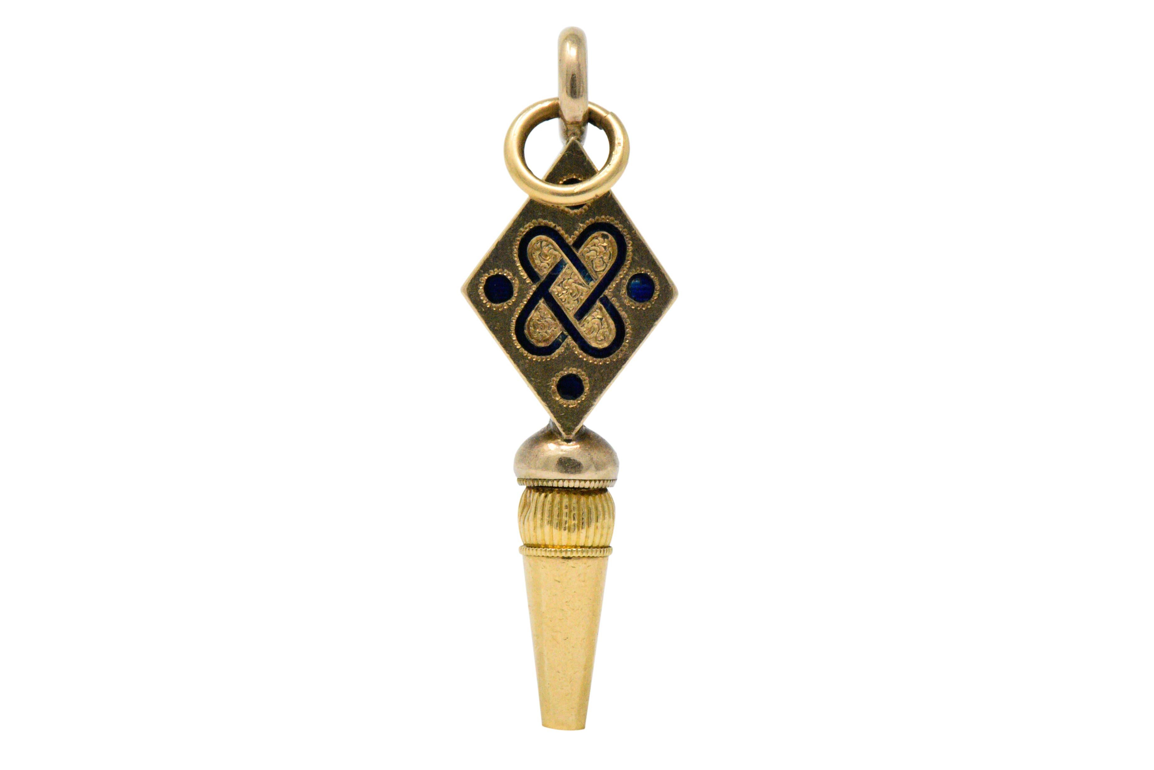 A pocket watch key with a navette form top

One side with blue enamel dot in a Celtic knot motif with hand engraved detail inside the knot

The other side with blue enamel stripes between lines of rose cut diamonds

Please note: there are chips and