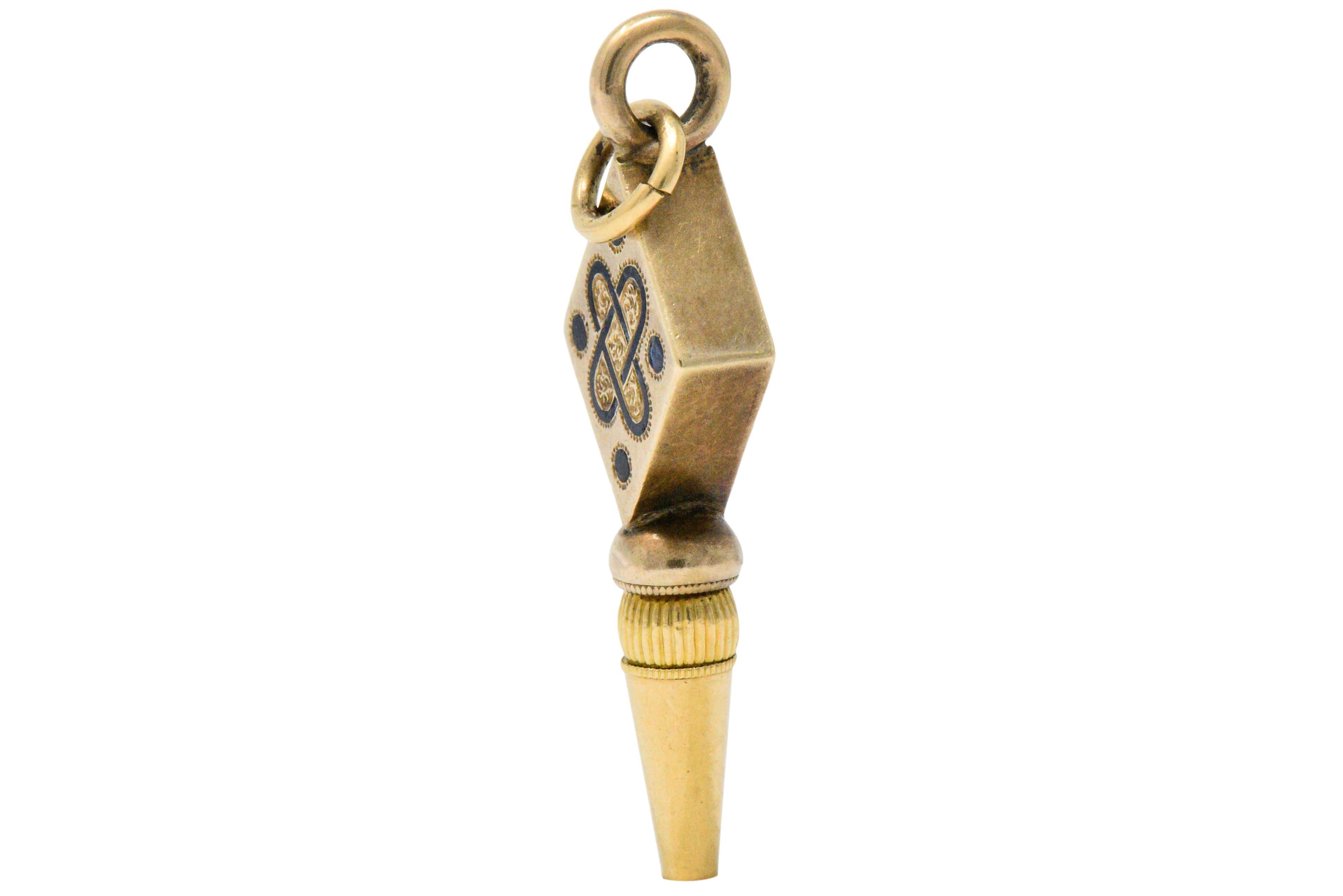 Victorian Diamond Enamel and 14 Karat Gold Watch Key Pendant In Fair Condition In Philadelphia, PA