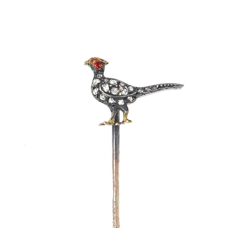 Women's or Men's Victorian Diamond Enamel Gold Bird Stickpin For Sale