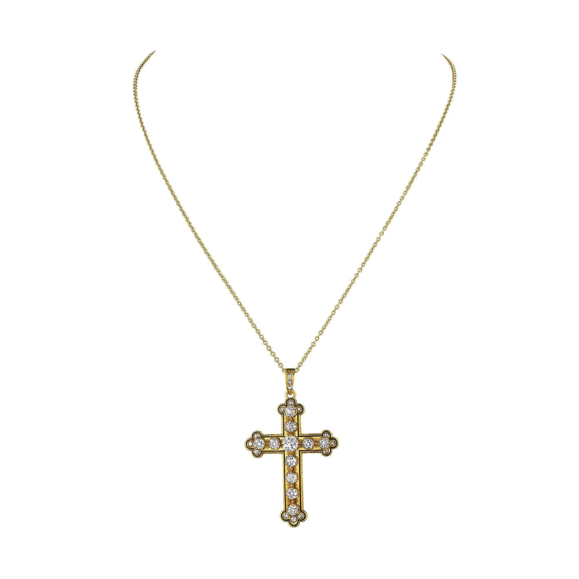 Early Victorian Victorian Diamond Enamel Gold Cross Pendant