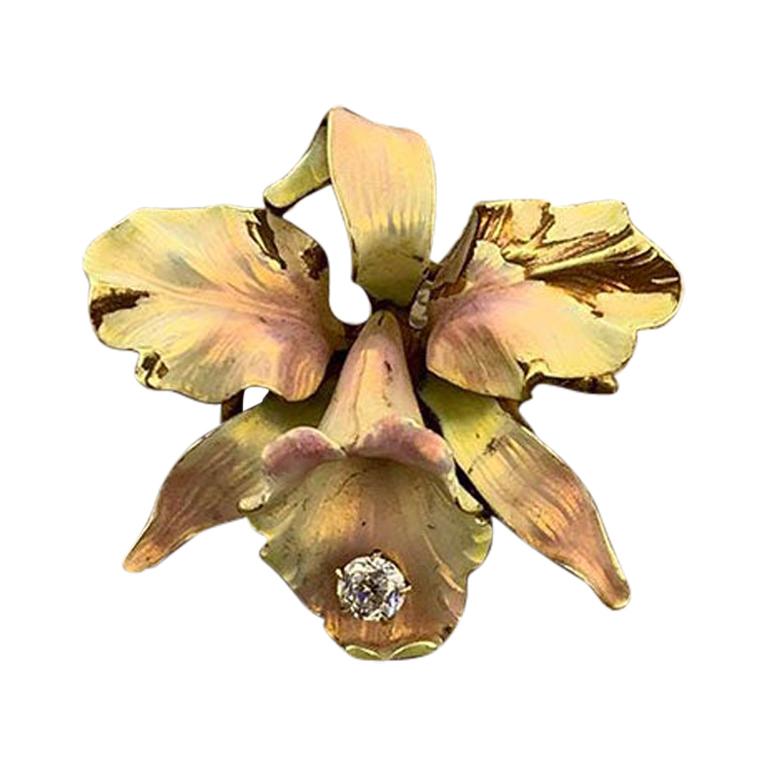 Victorian Diamond Enamel Gold Orchid Brooch and Pendant