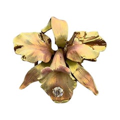Broche et pendentif victorien orchidée en or émaillé et diamants