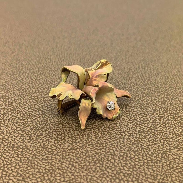 Victorian Diamond Enamel Gold Orchid Brooch and Pendant For Sale at 1stDibs