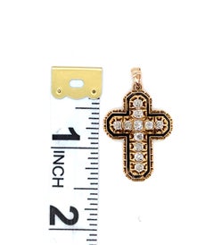 Victorian Diamond Enamel Mourning Cross Pendant - 14K Yellow Gold
