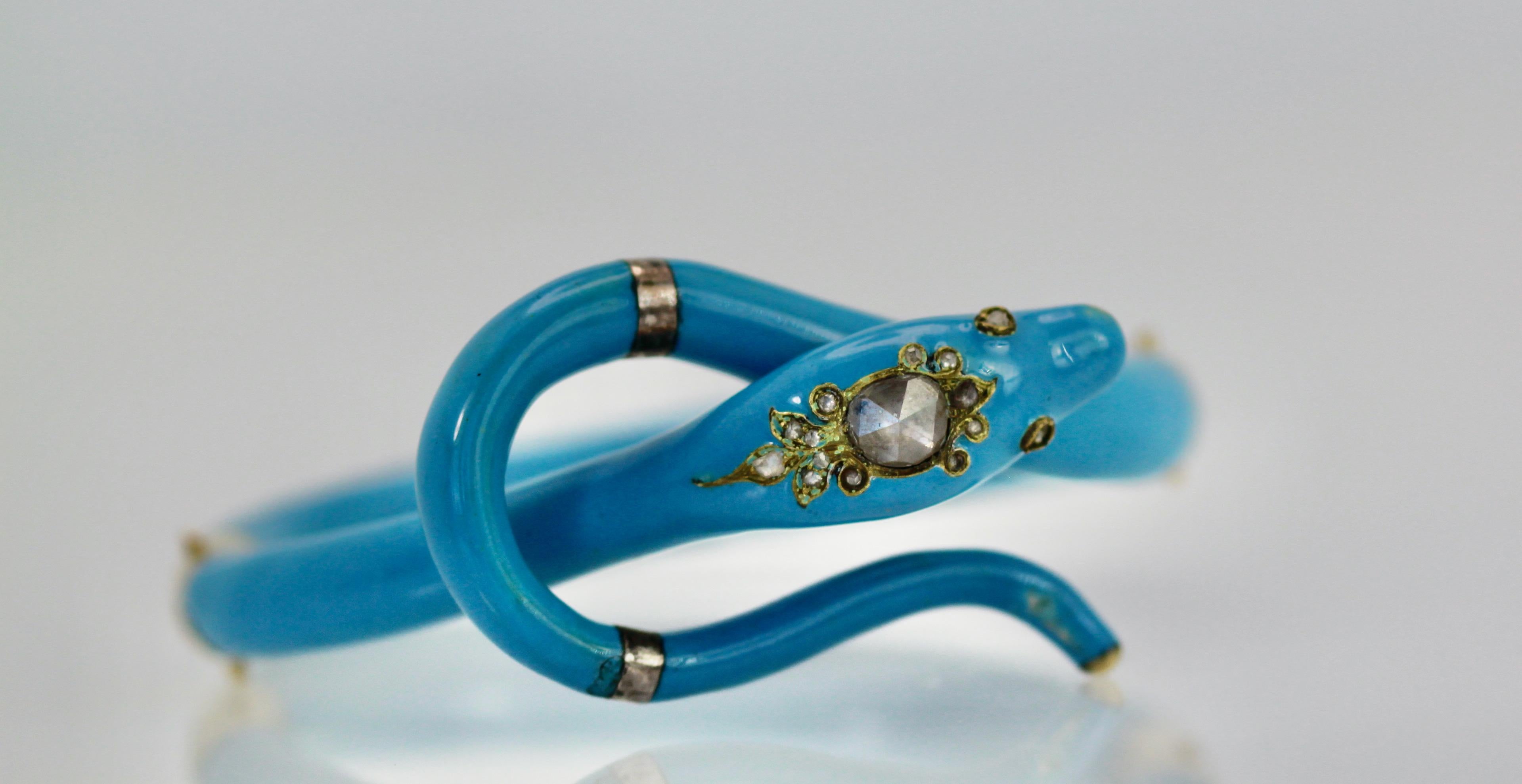 Women's Victorian Diamond Enamel Snake Bracelet For Sale