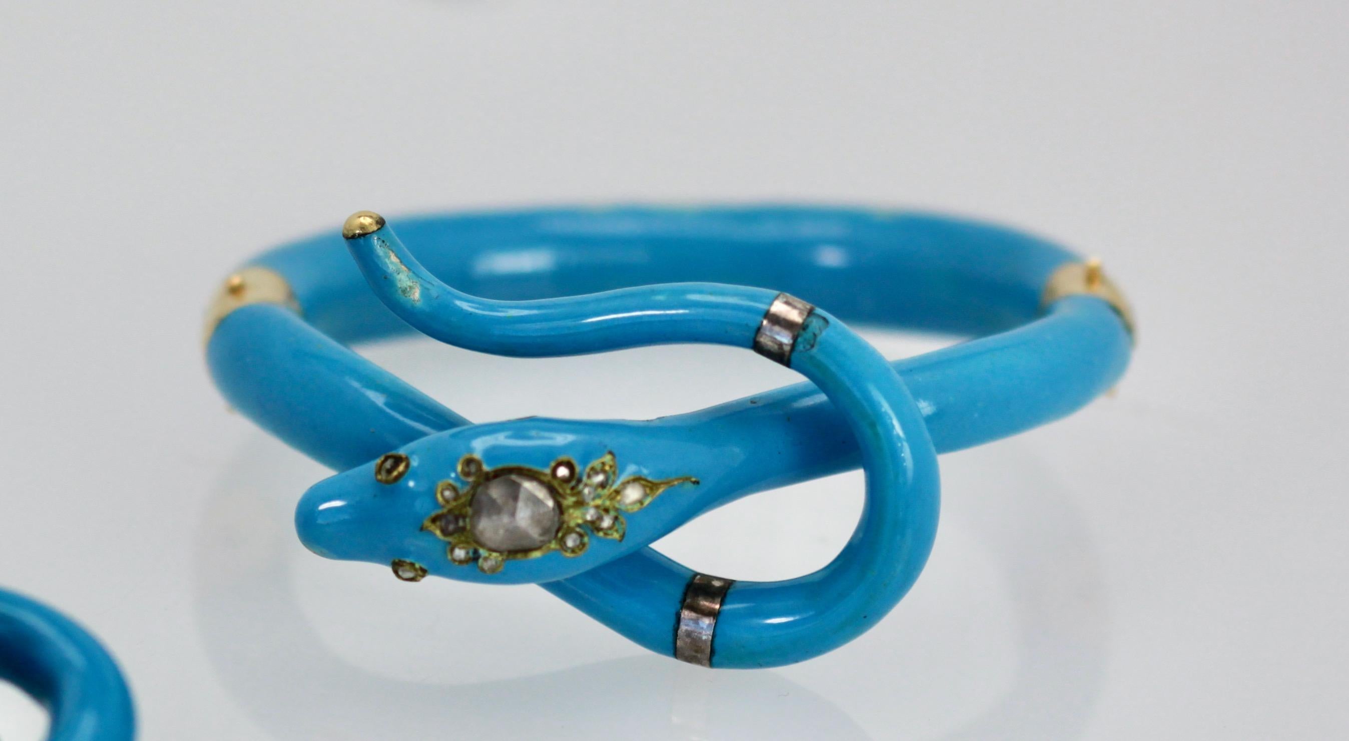 Victorian Diamond Enamel Snake Bracelet For Sale 2