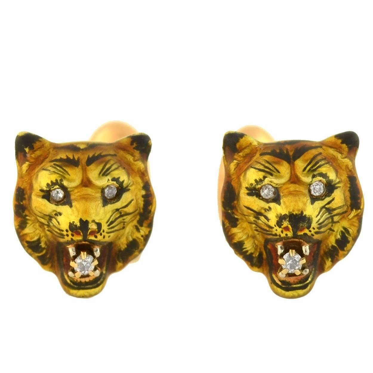 Victorian Diamond Enameled Tiger's Face Cufflinks