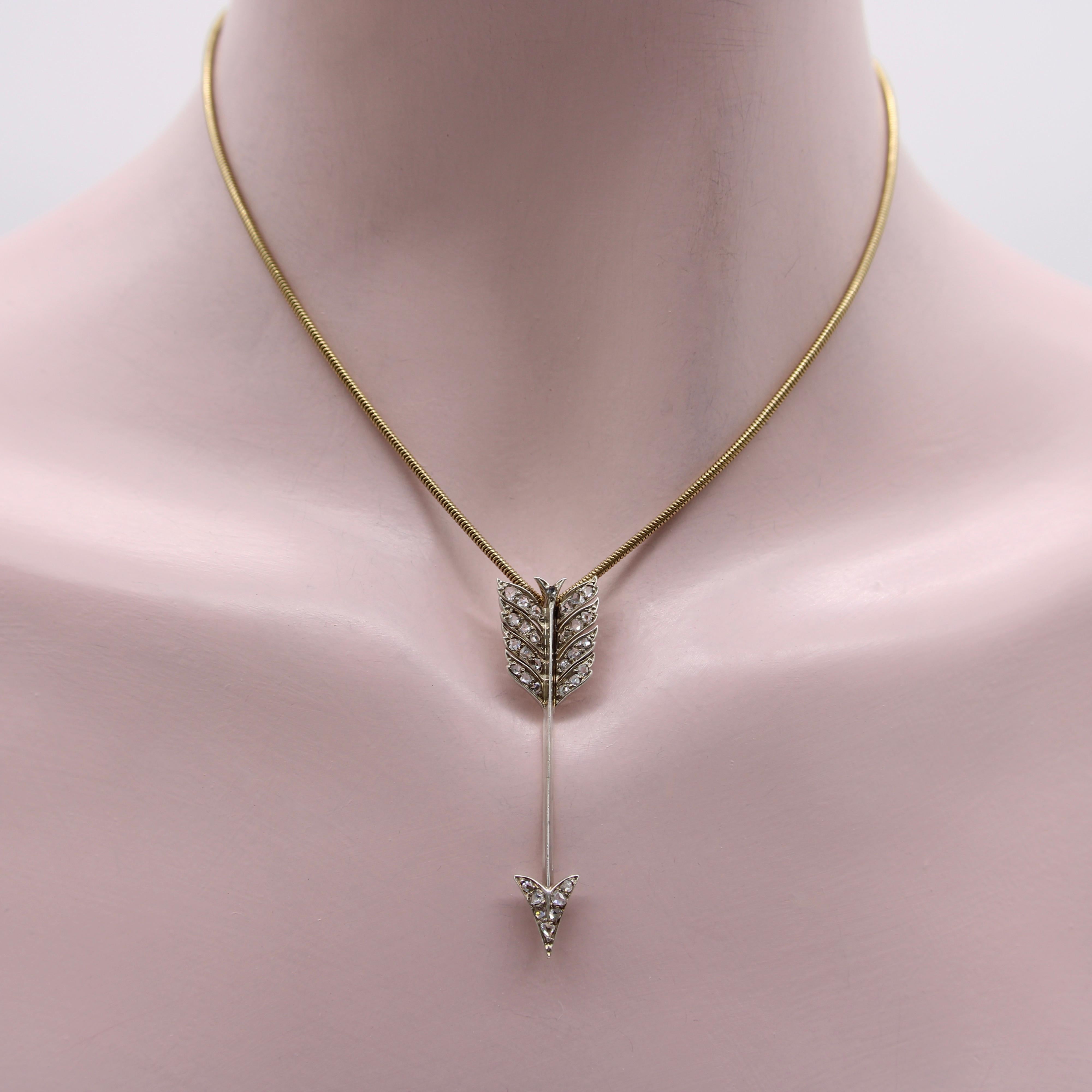 Rose Cut Victorian Diamond Encrusted Arrow Pendant with Silver Front and 14K Gold Back For Sale