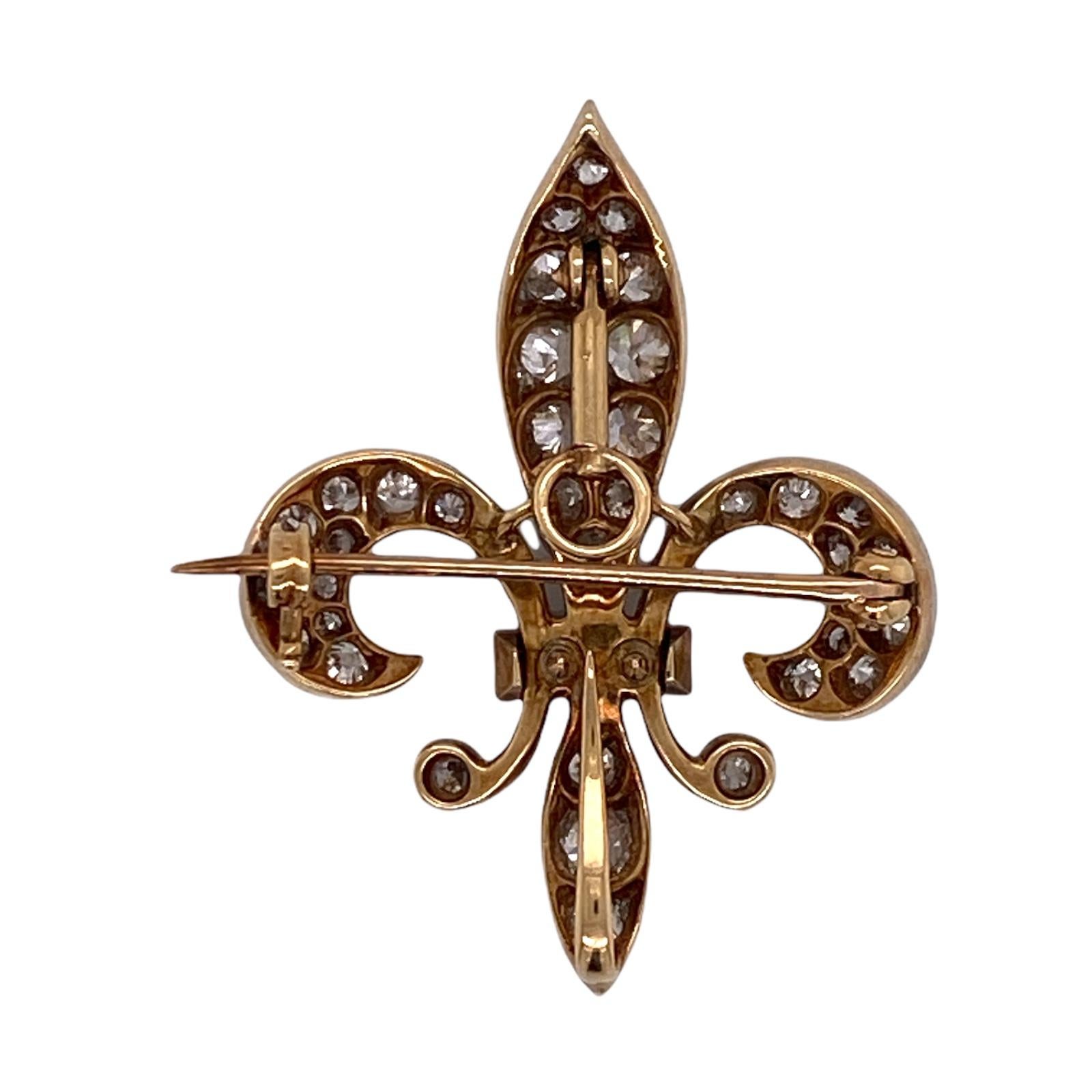 Old European Cut Victorian Diamond Fleur De Lis Platinum Yellow Gold Antique Pendant Pin Brooch