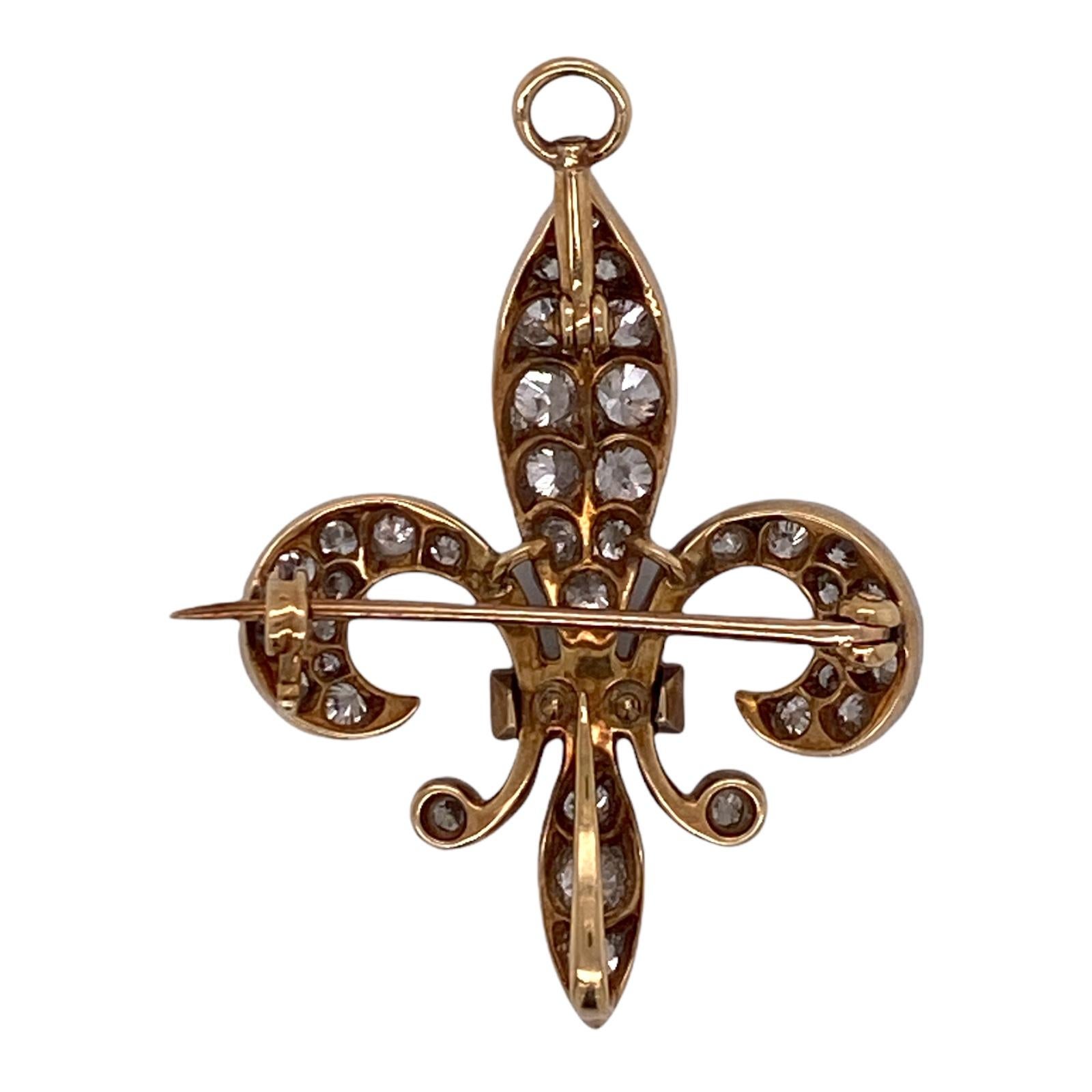 Victorian Diamond Fleur De Lis Platinum Yellow Gold Antique Pendant Pin Brooch In Good Condition In Boca Raton, FL