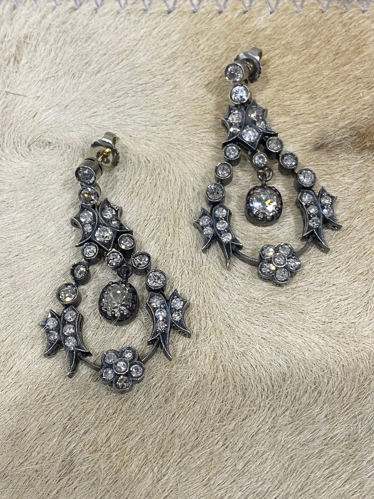 Old European Cut Victorian Diamond Floating Diamond Chandelier Earrings For Sale
