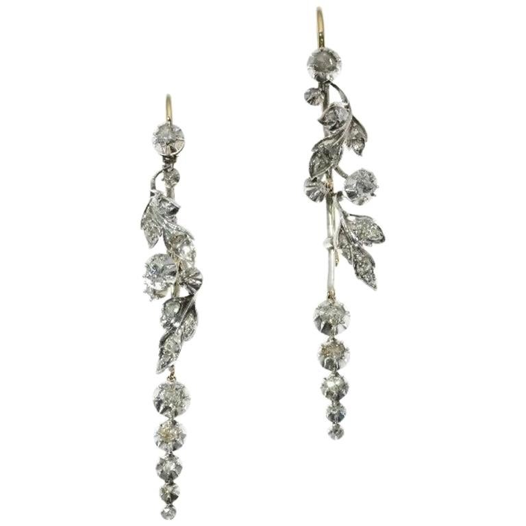 Victorian Antique Floral Chandelier Diamond Earrings, 1850s