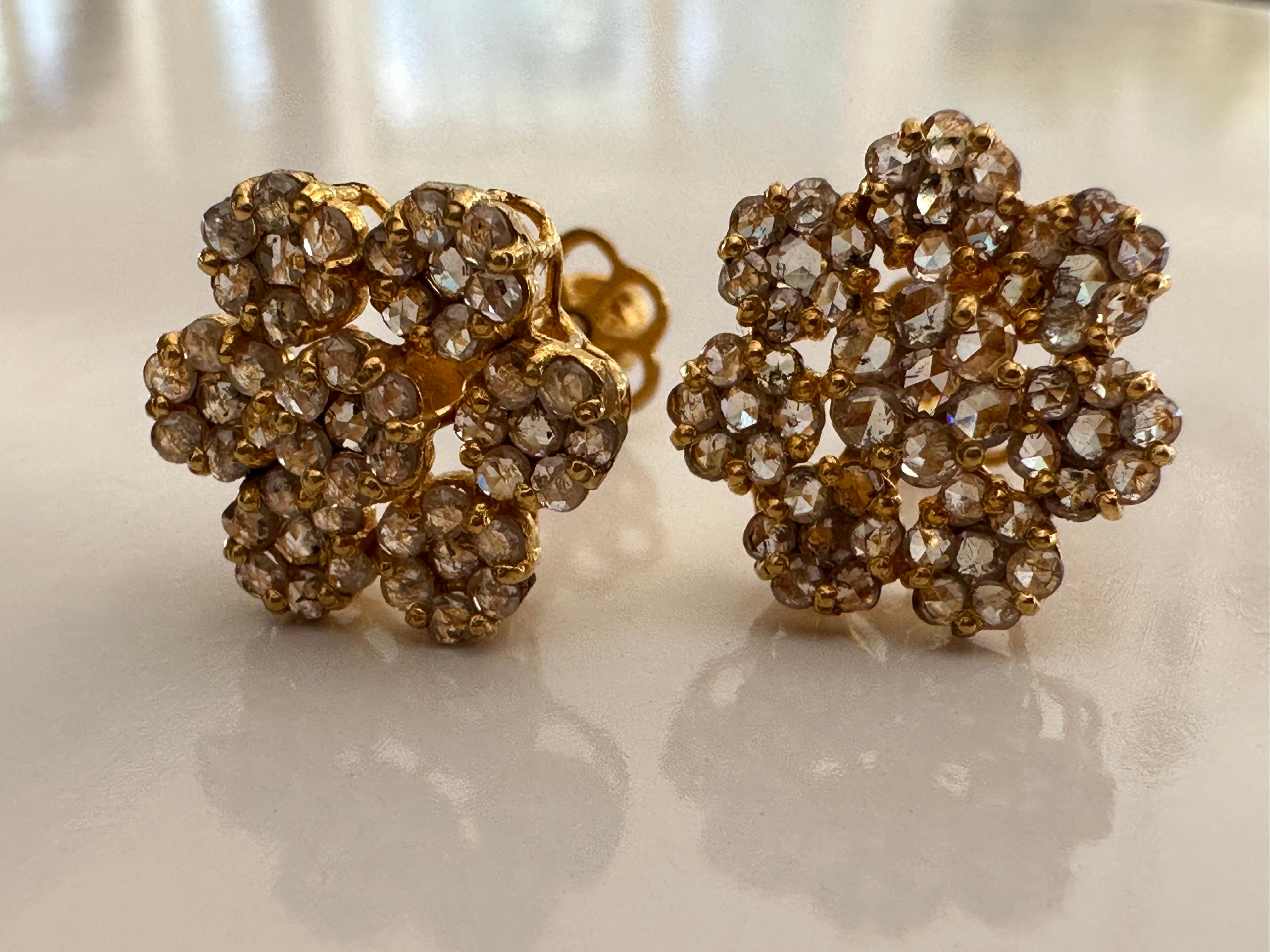 Rose Cut Victorian Diamond Flower Cluster Earrings  For Sale
