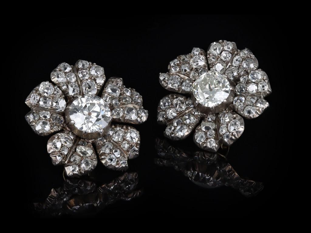 Women's or Men's Victorian Diamond Flower Earrings, circa 1880 For Sale