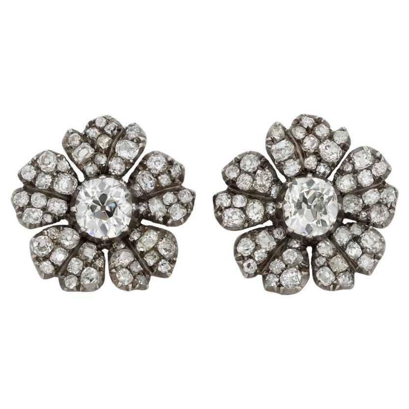 Victorian Diamond Flower Earrings, circa 1880 For Sale