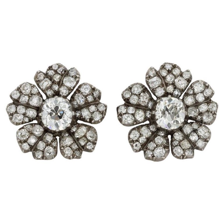 Victorian Diamond Flower Earrings, circa 1880 For Sale