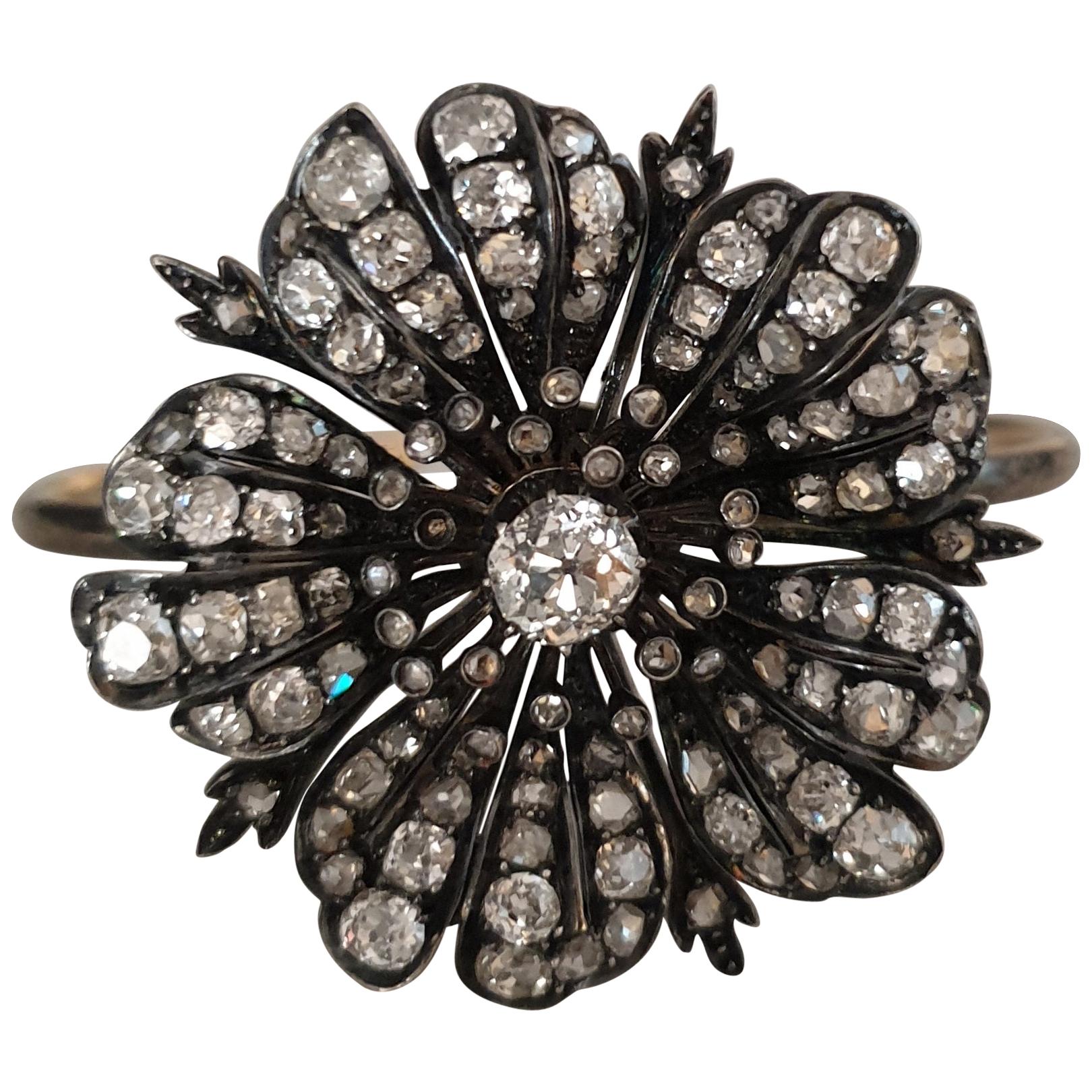 Victorian Diamond Flower mounted in Gold Bangle Bracelet For Sale