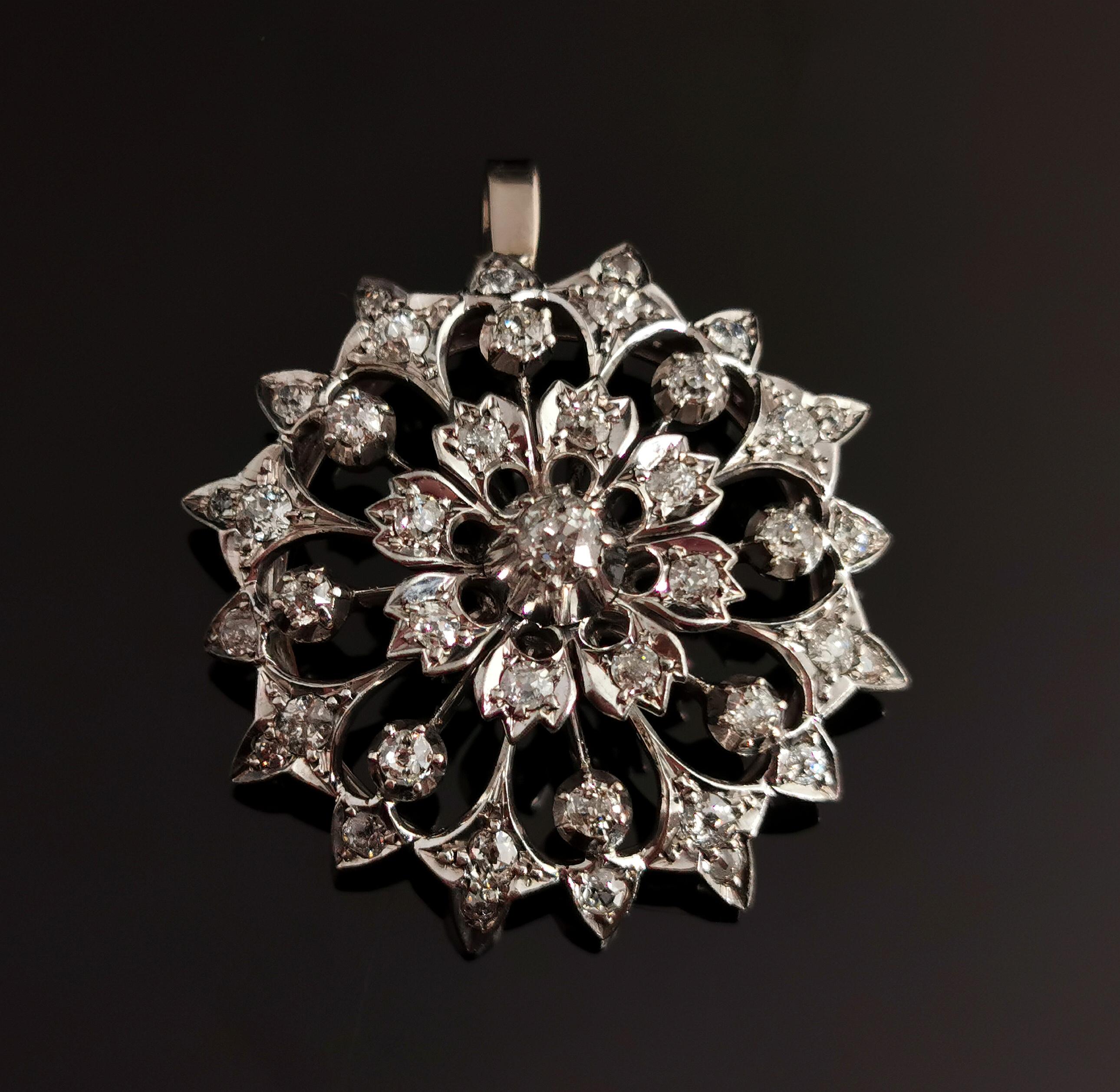Victorian Diamond Flower Pendant, 9 Karat Gold and Silver  10