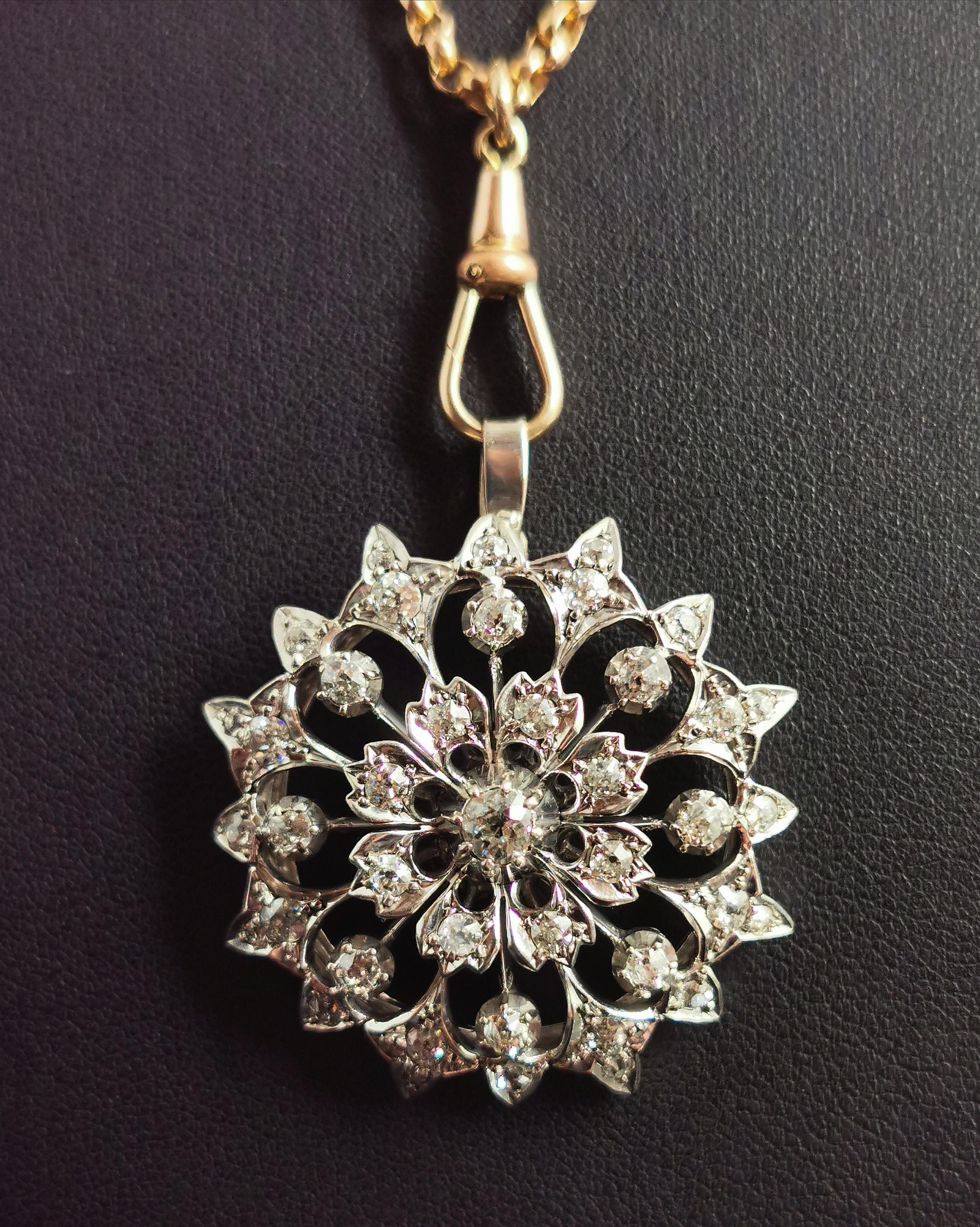 Old European Cut Victorian Diamond Flower Pendant, 9 Karat Gold and Silver 