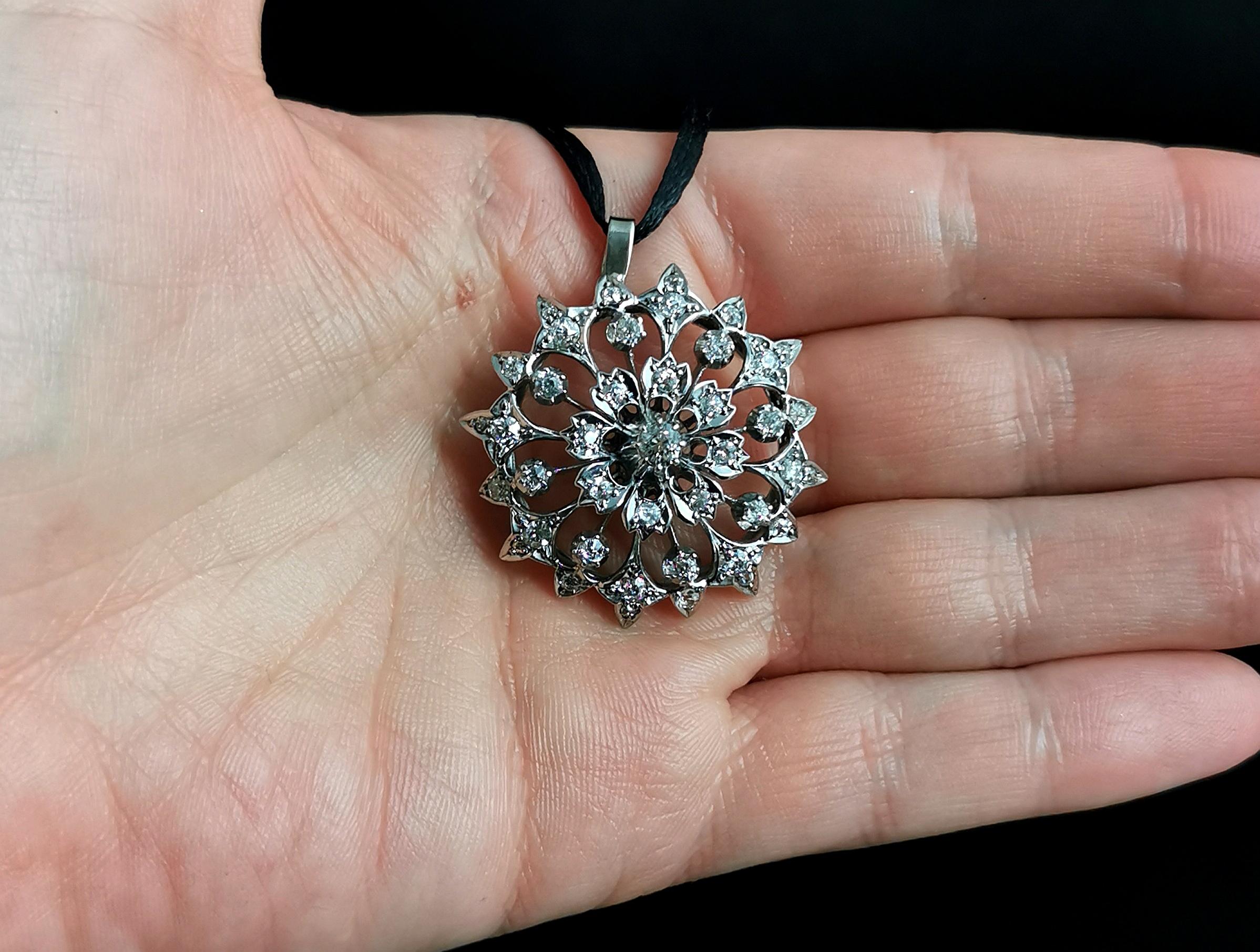 Women's Victorian Diamond Flower Pendant, 9 Karat Gold and Silver 