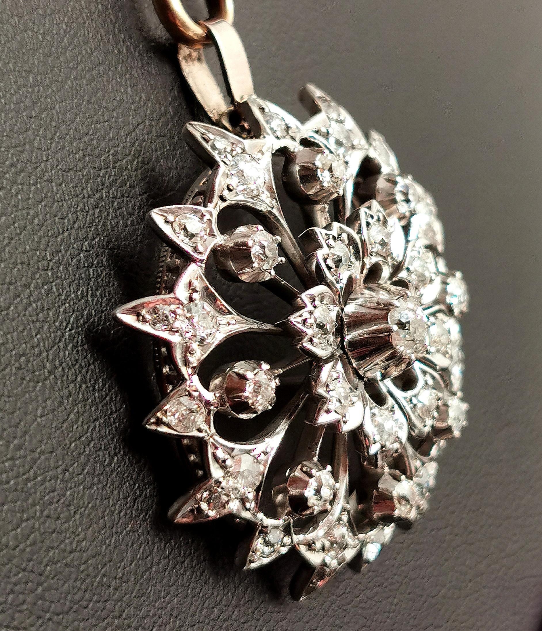Victorian Diamond Flower Pendant, 9 Karat Gold and Silver  1
