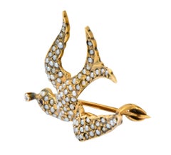Victorian Diamond Garnet Seed Pearl Swallow Bird 14 Karat Gold Brooch